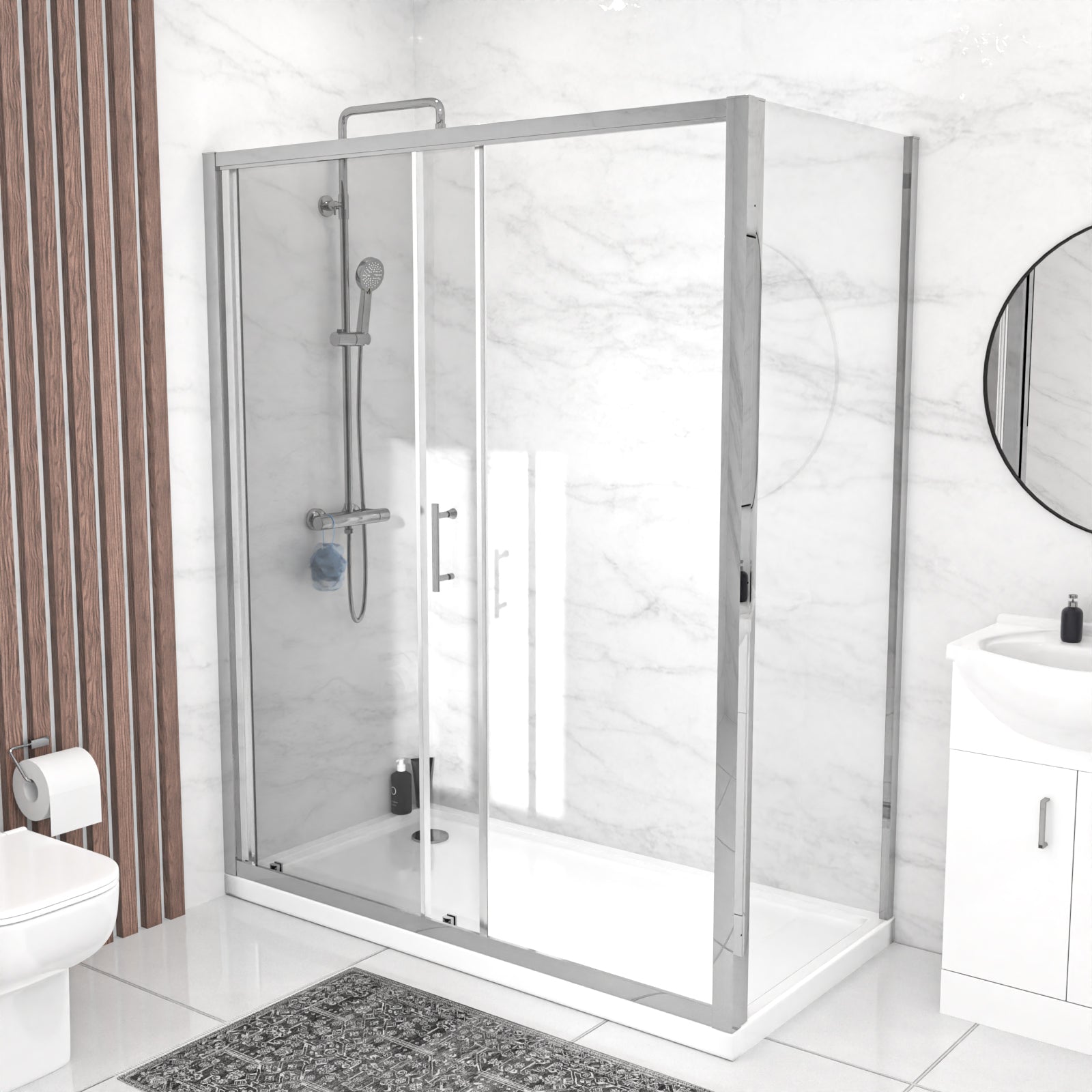 Ellen 1100 x 700mm Shower Sliding Door Enclosure, Tray, Vanity Unit & Toilet