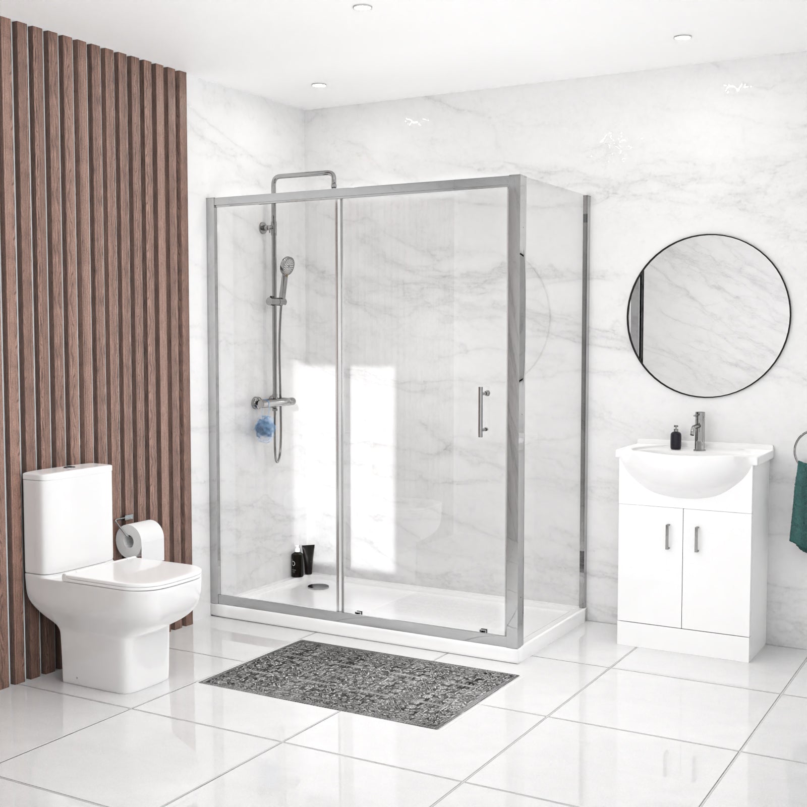 Ellen 1100 x 700mm Shower Sliding Door Enclosure, Tray, Vanity Unit & Toilet