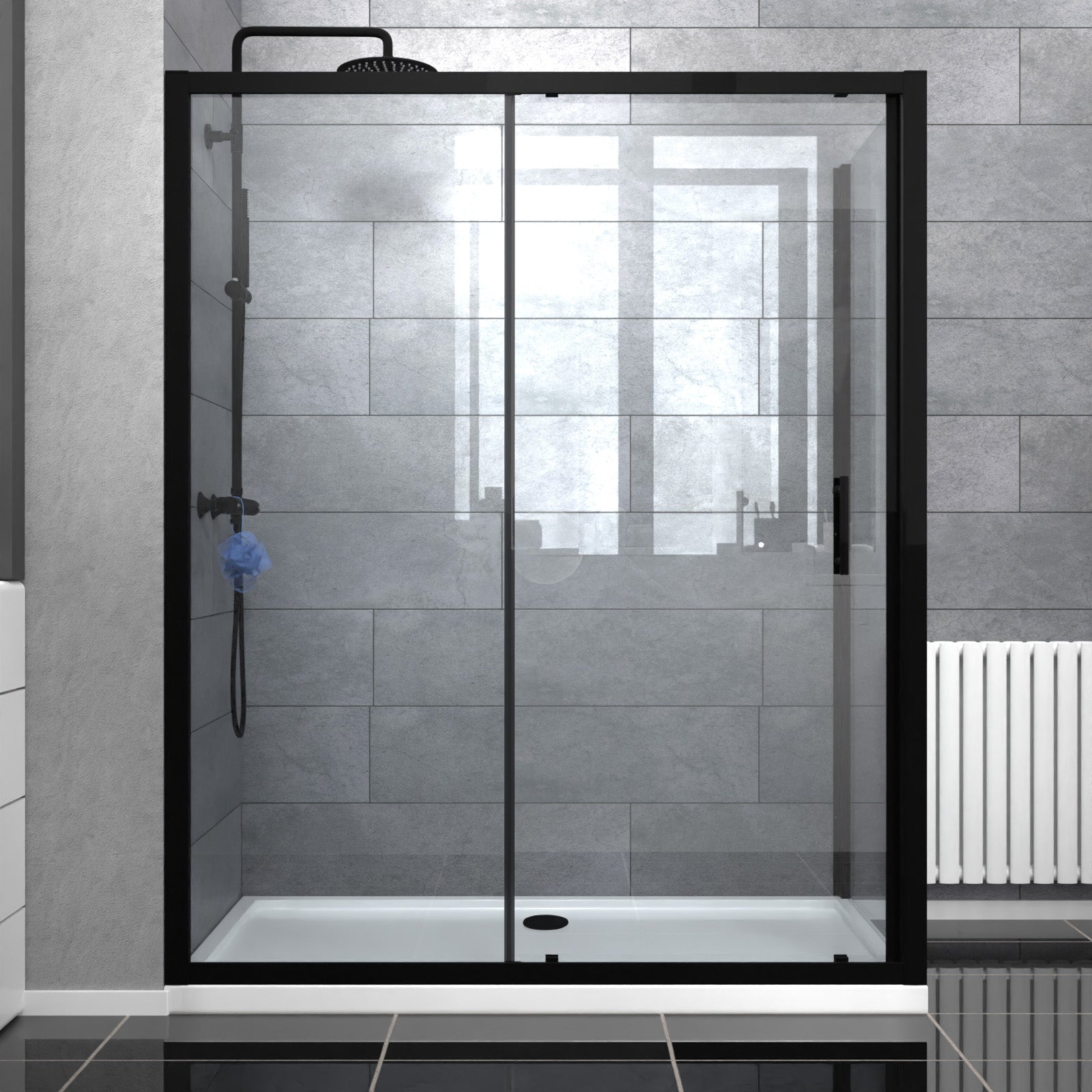 Magna Matte Black 1600mm Shower Sliding Door, 800mm Glass Side Panel Screen & Tray