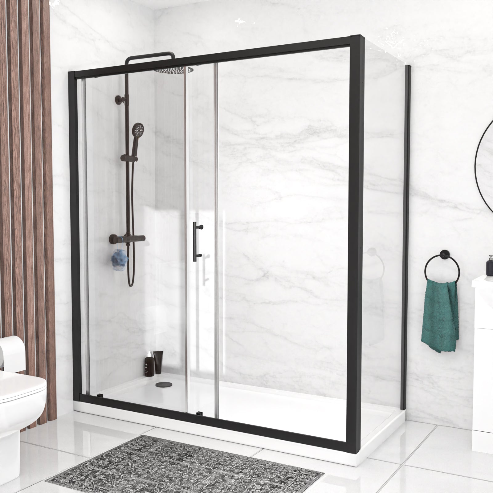 Magna 1700mm Matte Black Sliding Shower Door, 760mm Frameless Glass Screen