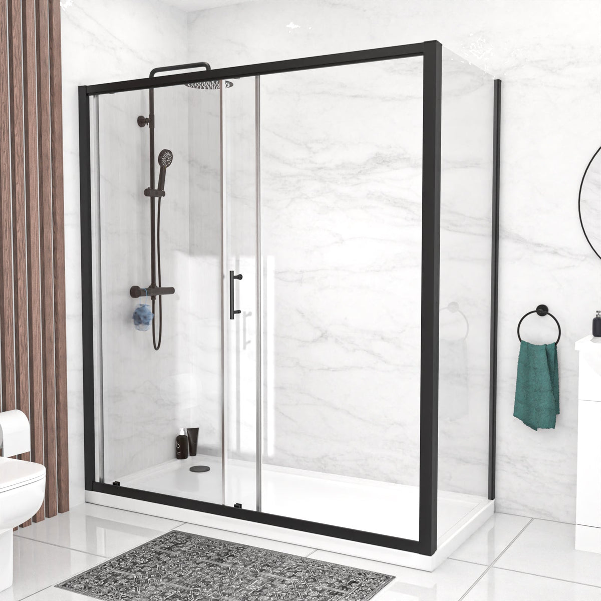 Magna 1600 mm Matte Black Sliding Door Shower with Side Panel
