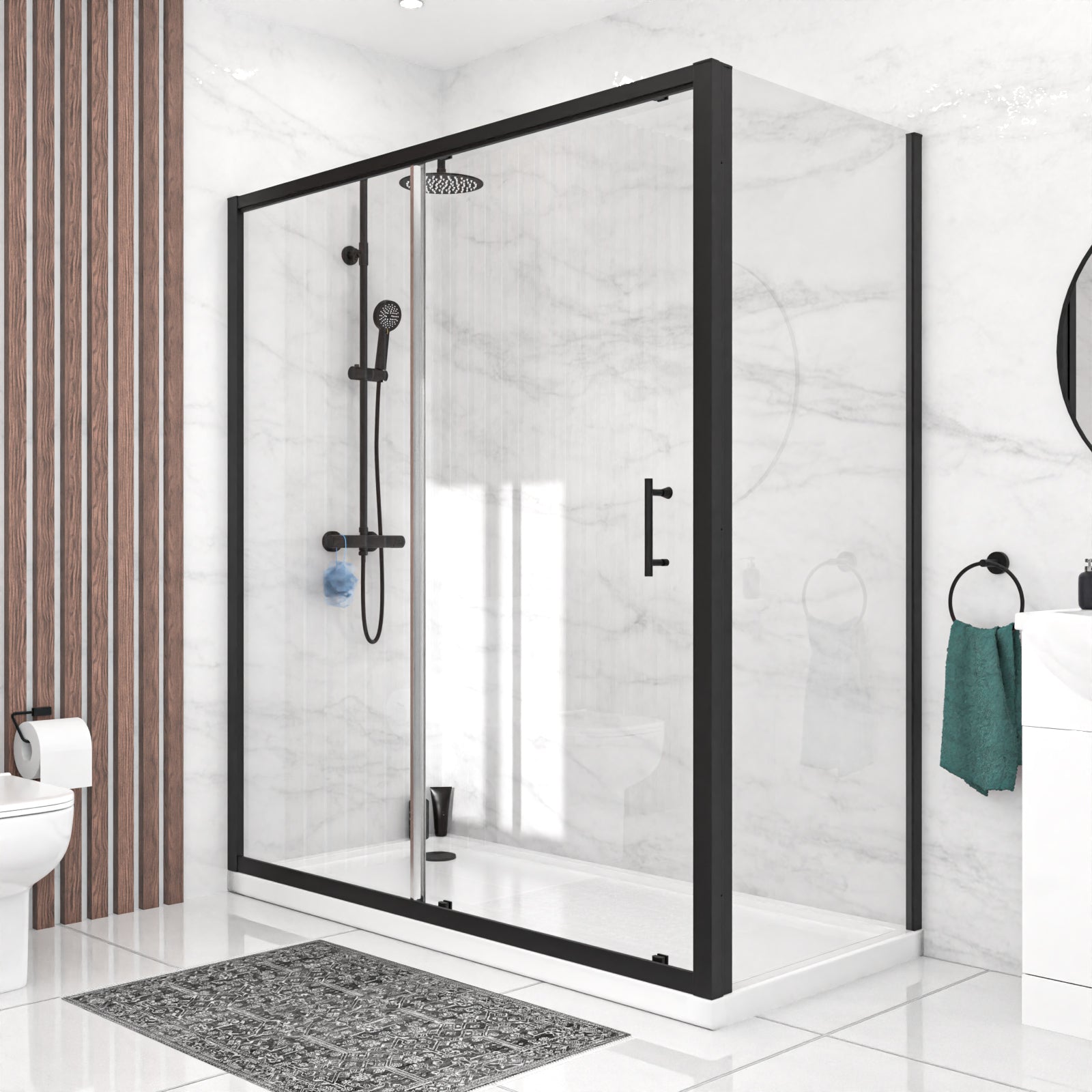 Black 1700 x 700mm Shower Enclosure Sliding Door & Glass Side Panel