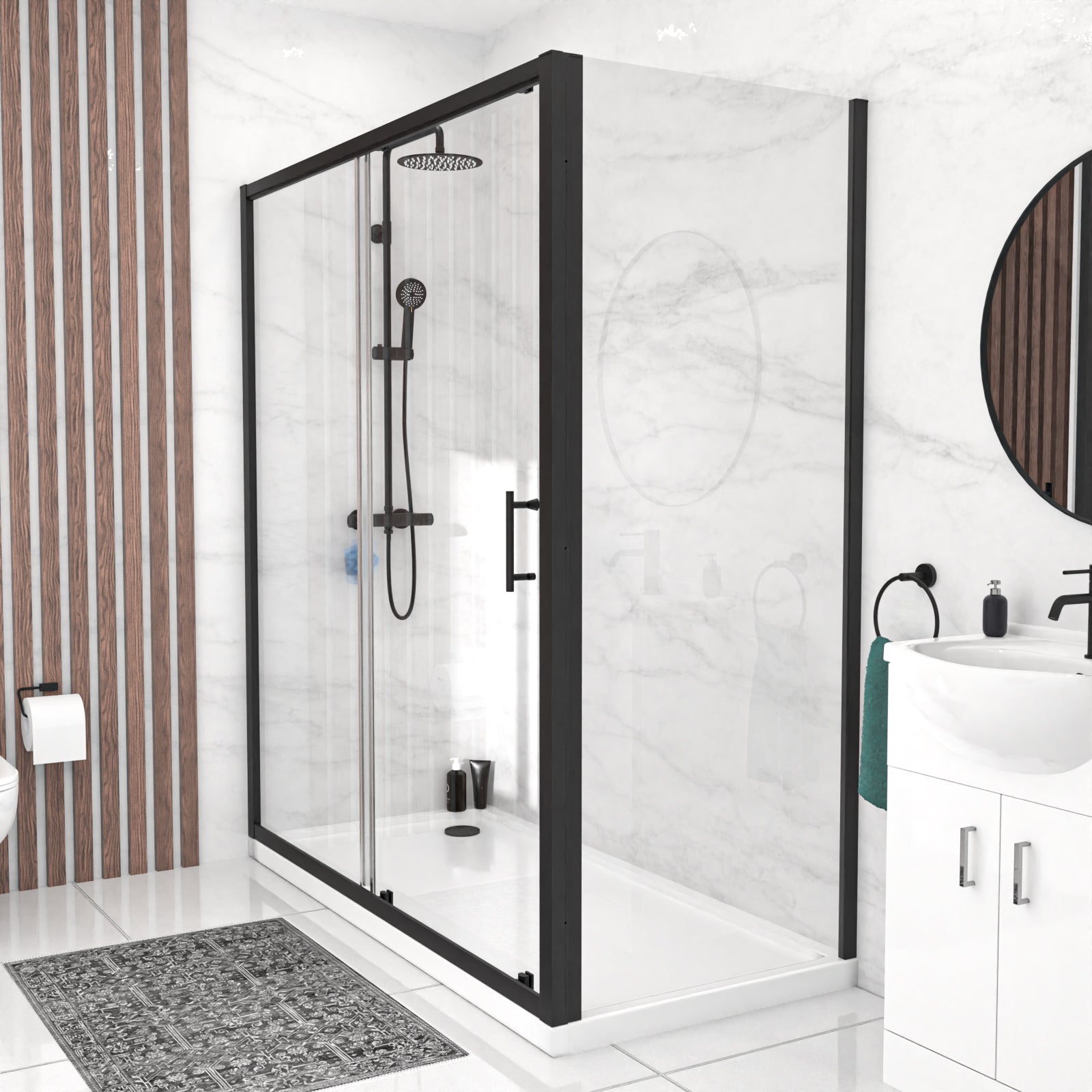 Black 1700 x 700mm Shower Enclosure Sliding Door & Glass Side Panel