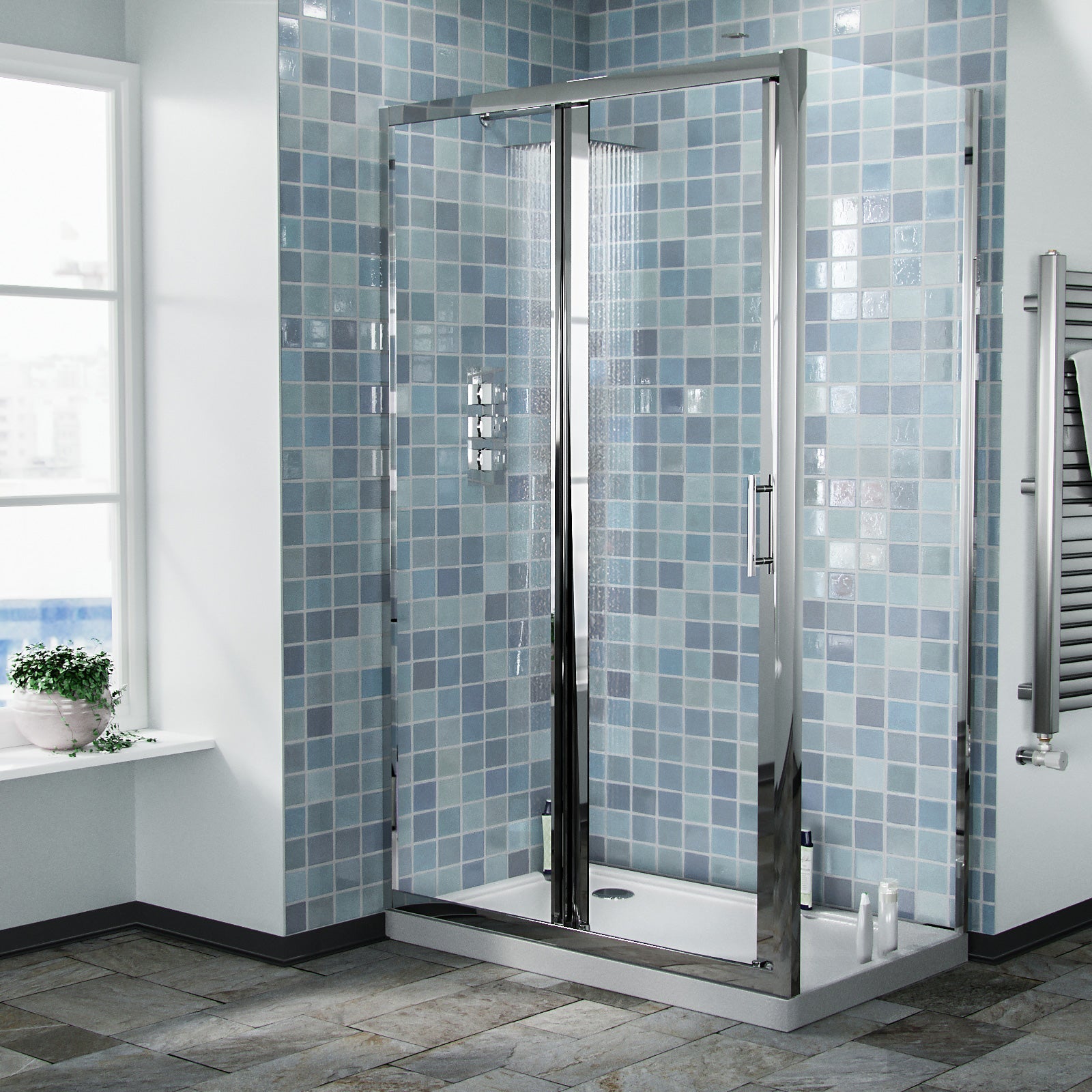 Shower Enclosure Sliding Door With Frameless Glass Side Panel Screen