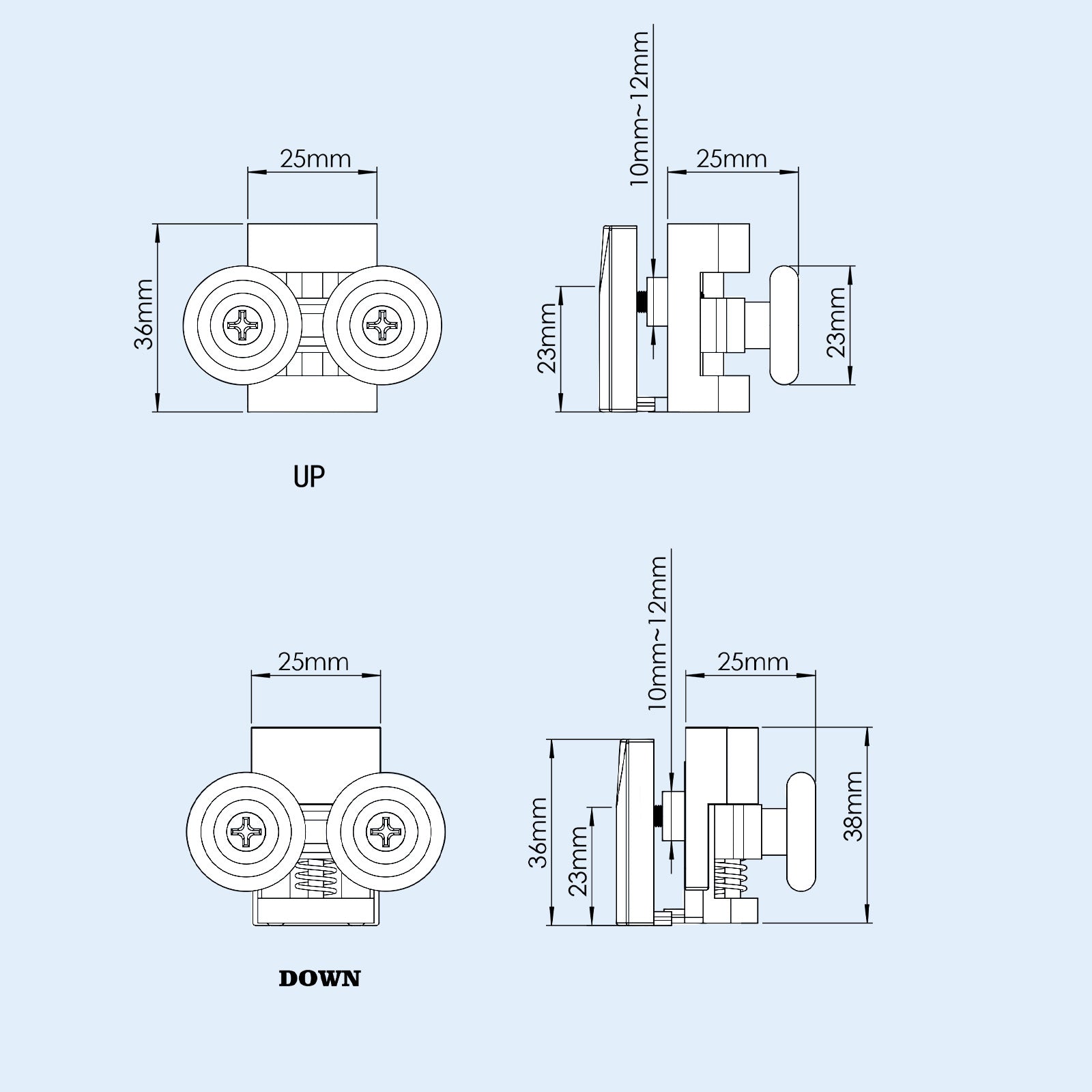 23mm Brushed Brass Shower Door Double Wheels 4 Upper & 4 Down Roller