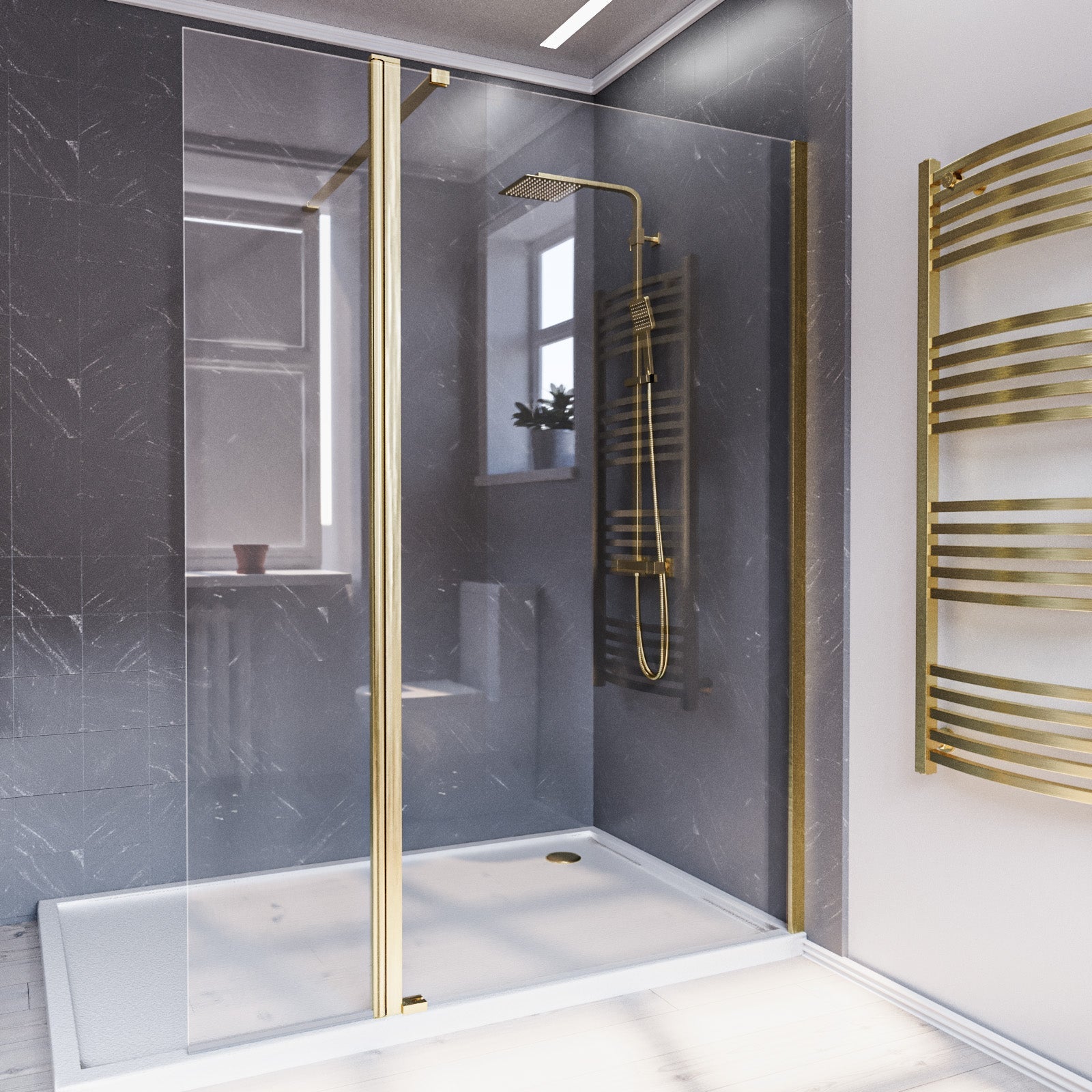 Brushed Brass 1200mm Wet Room Shower Screen 8mm Tempered Glass With 300mm Flipper Panel