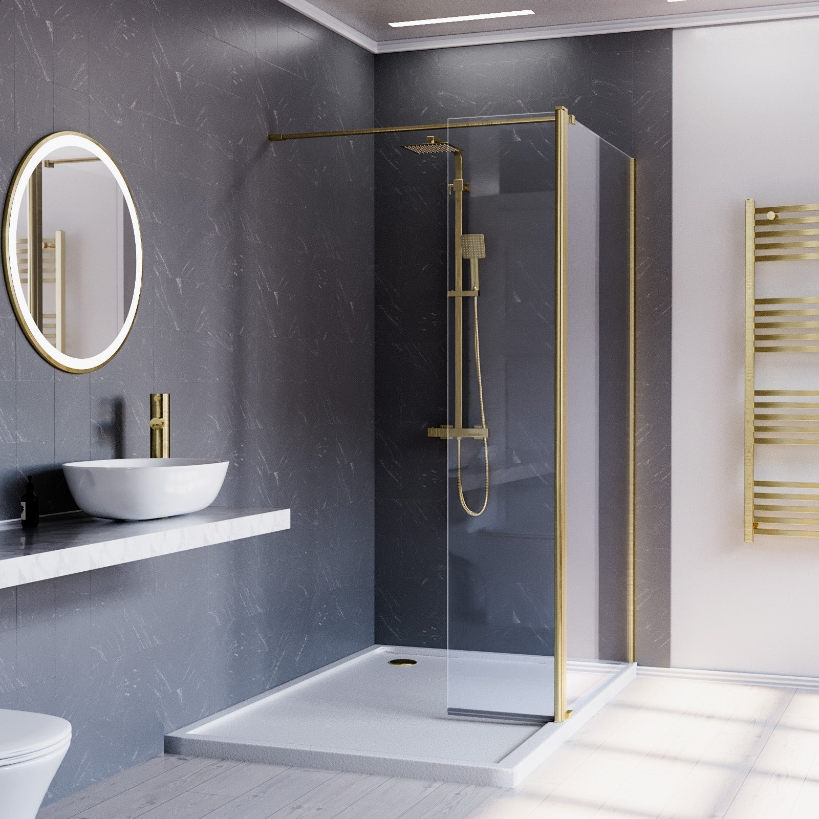 Brushed Brass 1000mm Screen 8mm Tempered Glass With 300mm Flipper Panel