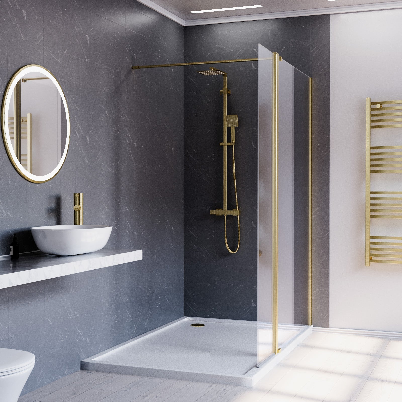 Brushed Brass 1200mm Wet Room Shower Screen 8mm Tempered Glass With 300mm Flipper Panel