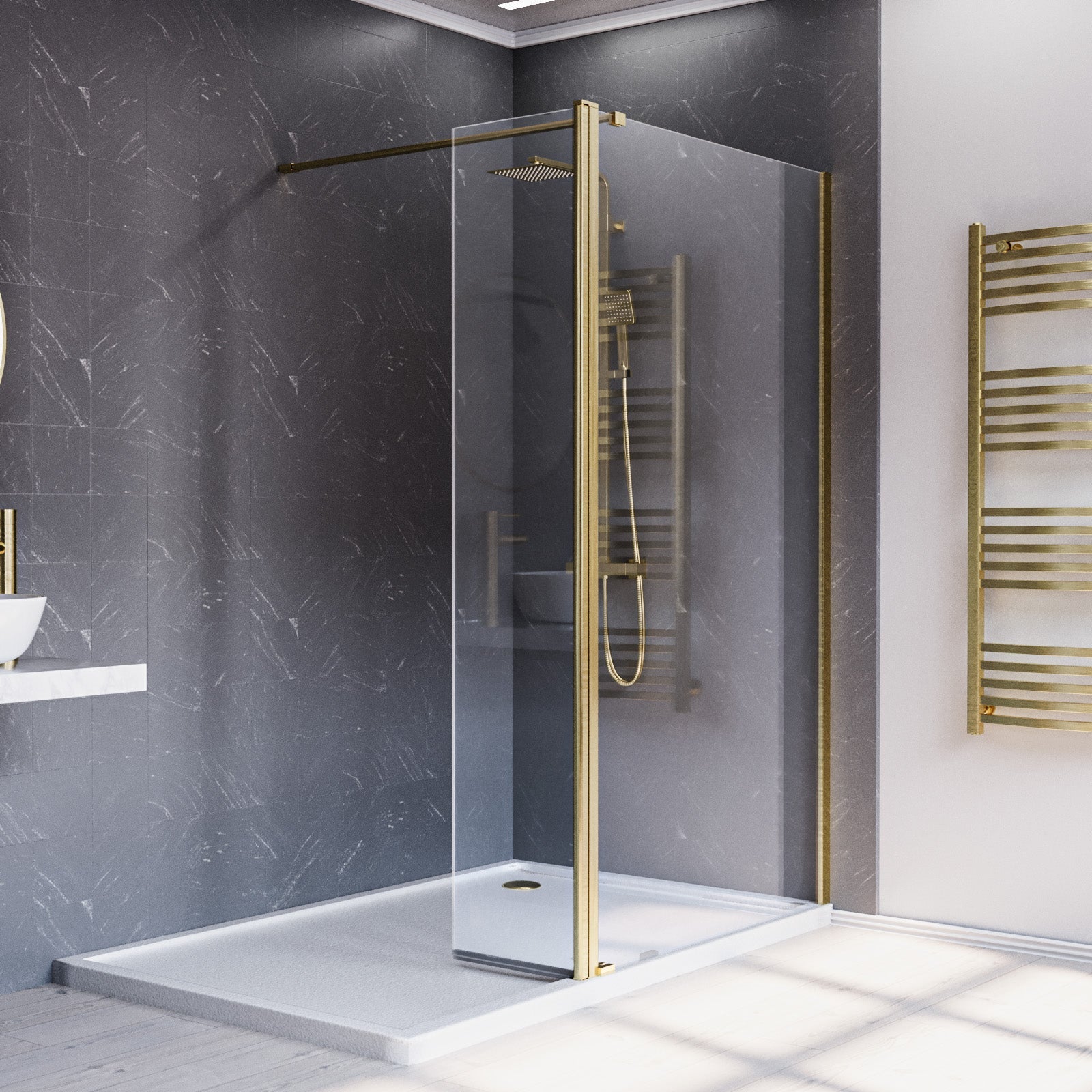 Brushed Brass 1200mm Wet Room Shower Screen 8mm Tempered Glass With 300mm Flipper Panel