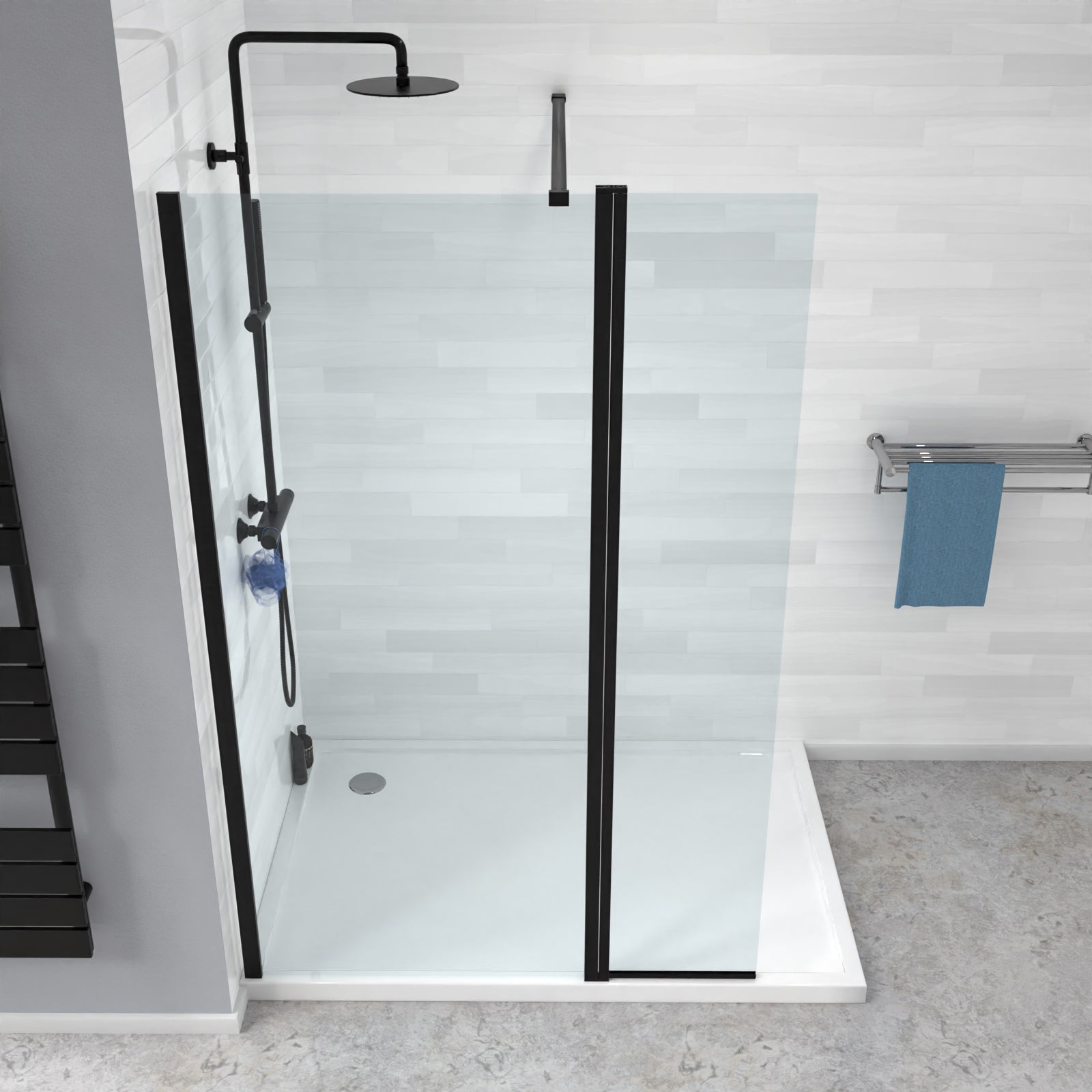 Magna Black 700mm Wet Room Shower 8mm Tempered Glass Screen With 300mm Flipper Panel