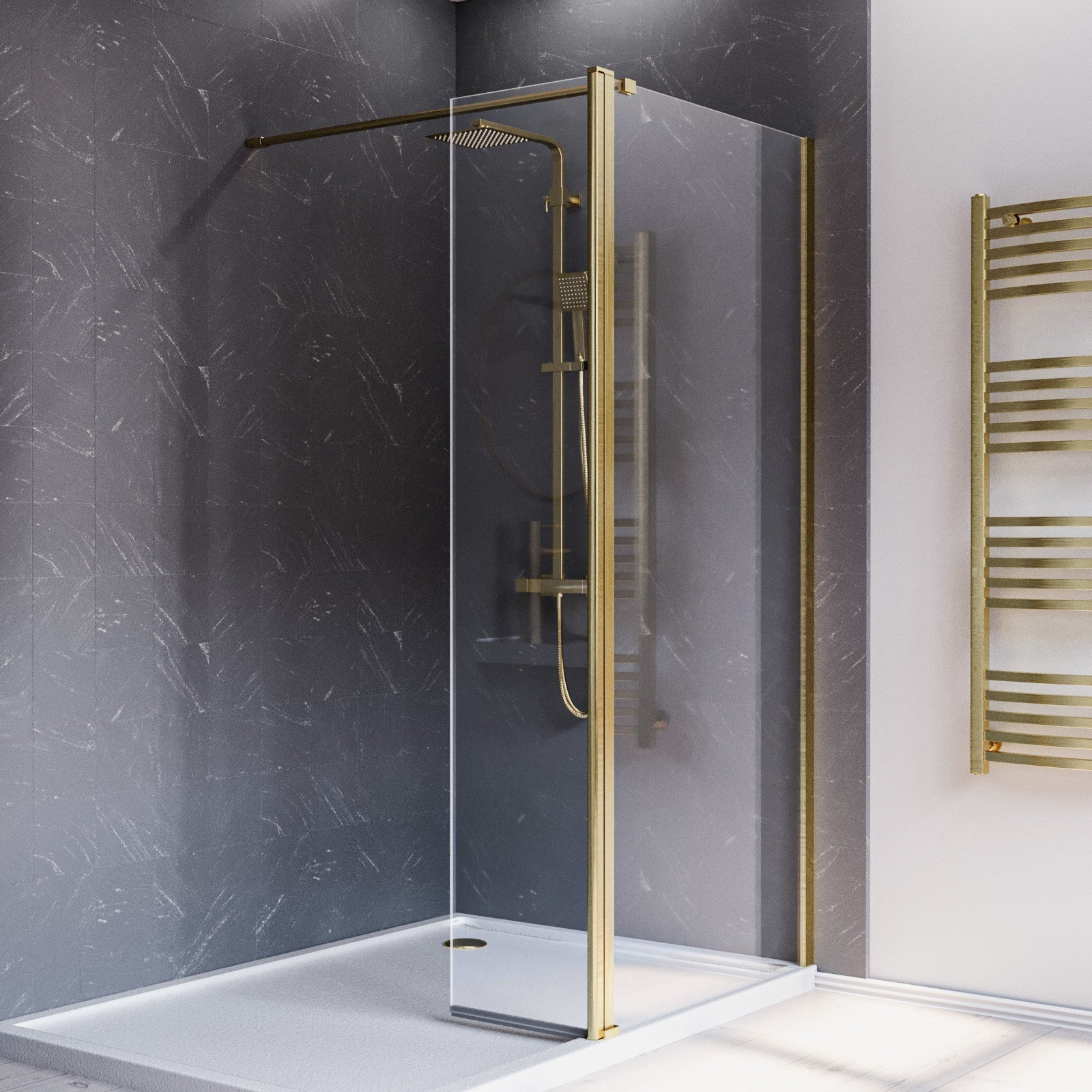 Brushed Brass 700mm Wet Room Shower Screen 8mm Tempered Glass With 300mm Flipper Panel