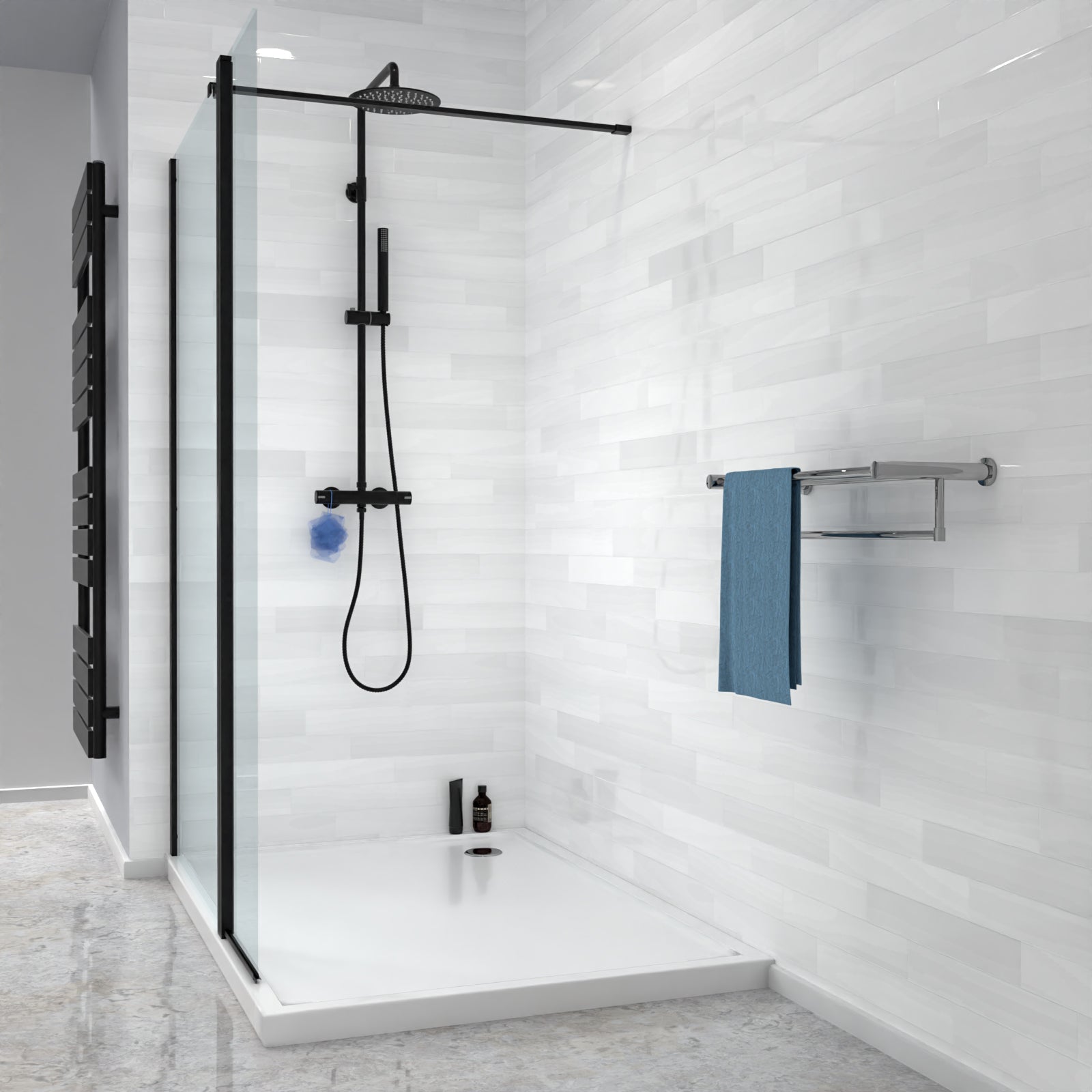 Magna Black 800mm Wet Room Shower 8mm Tempered Glass Screen With 300mm Flipper Panel