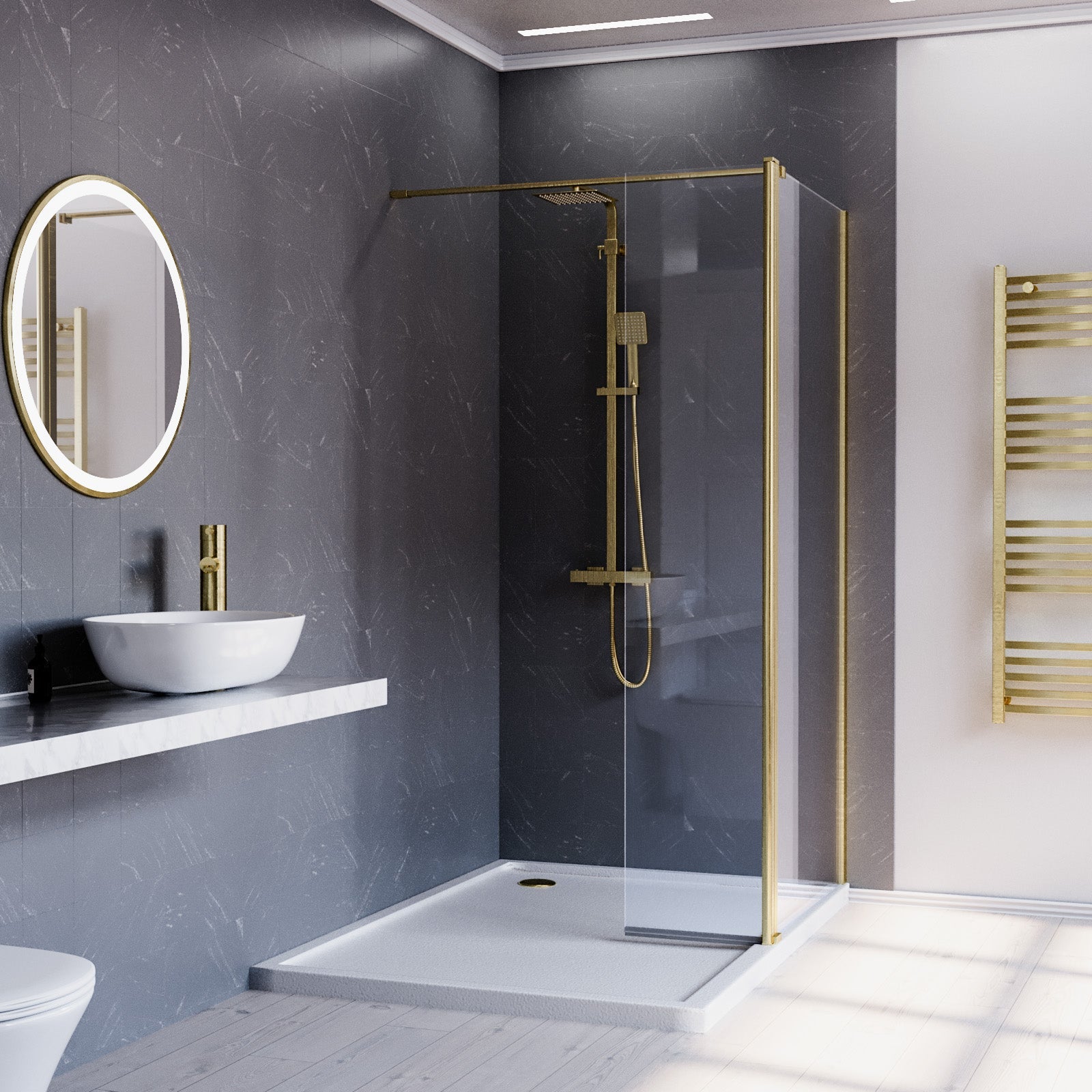 Brushed Brass 800mm Screen 8mm Tempered Glass With 300mm Flipper Panel