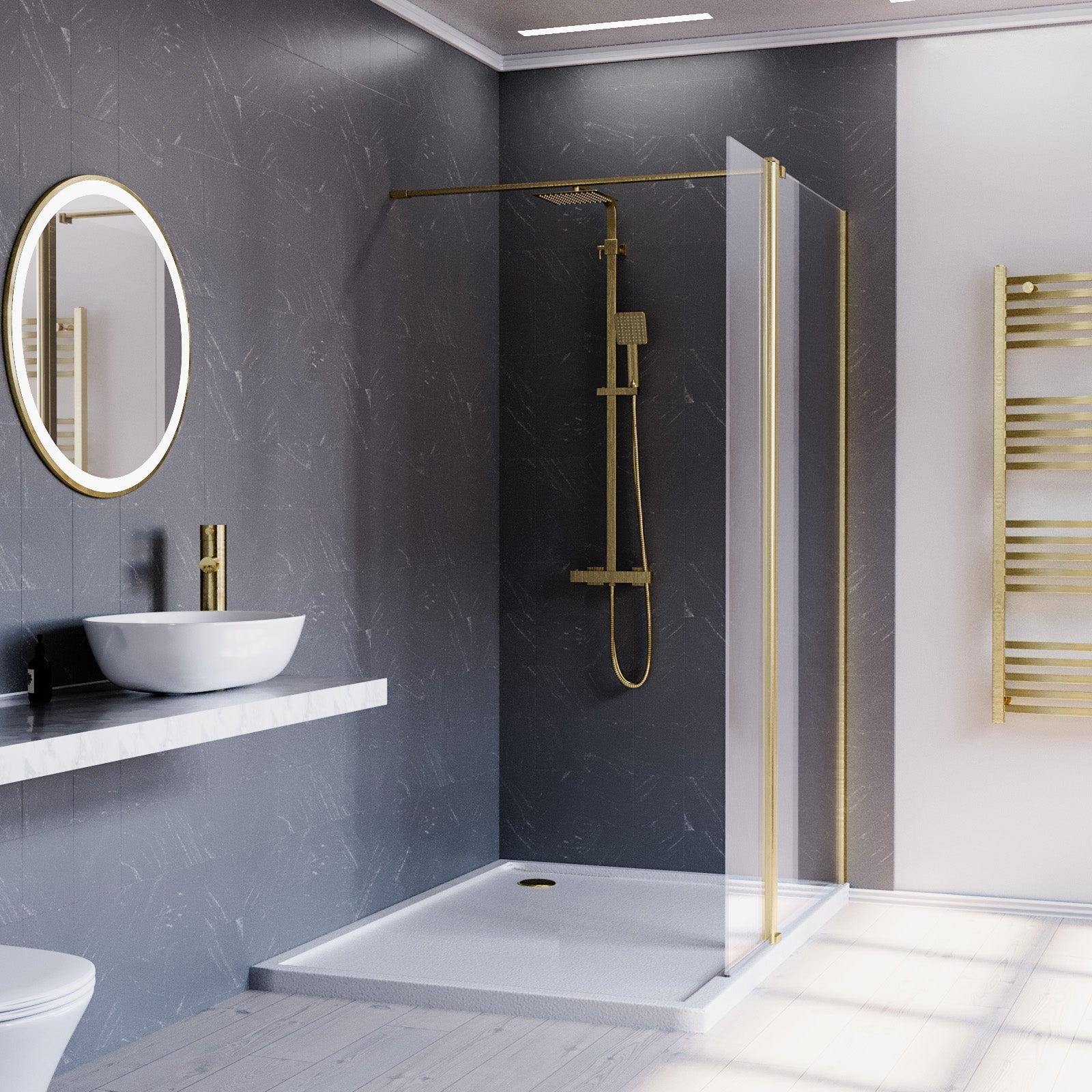 Brushed Brass 800mm Screen 8mm Tempered Glass With 300mm Flipper Panel