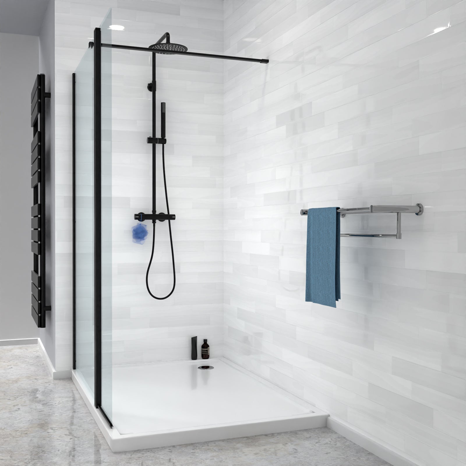 Magna Black 900mm Wet Room Shower 8mm Tempered Glass Screen With 300mm Flipper Panel