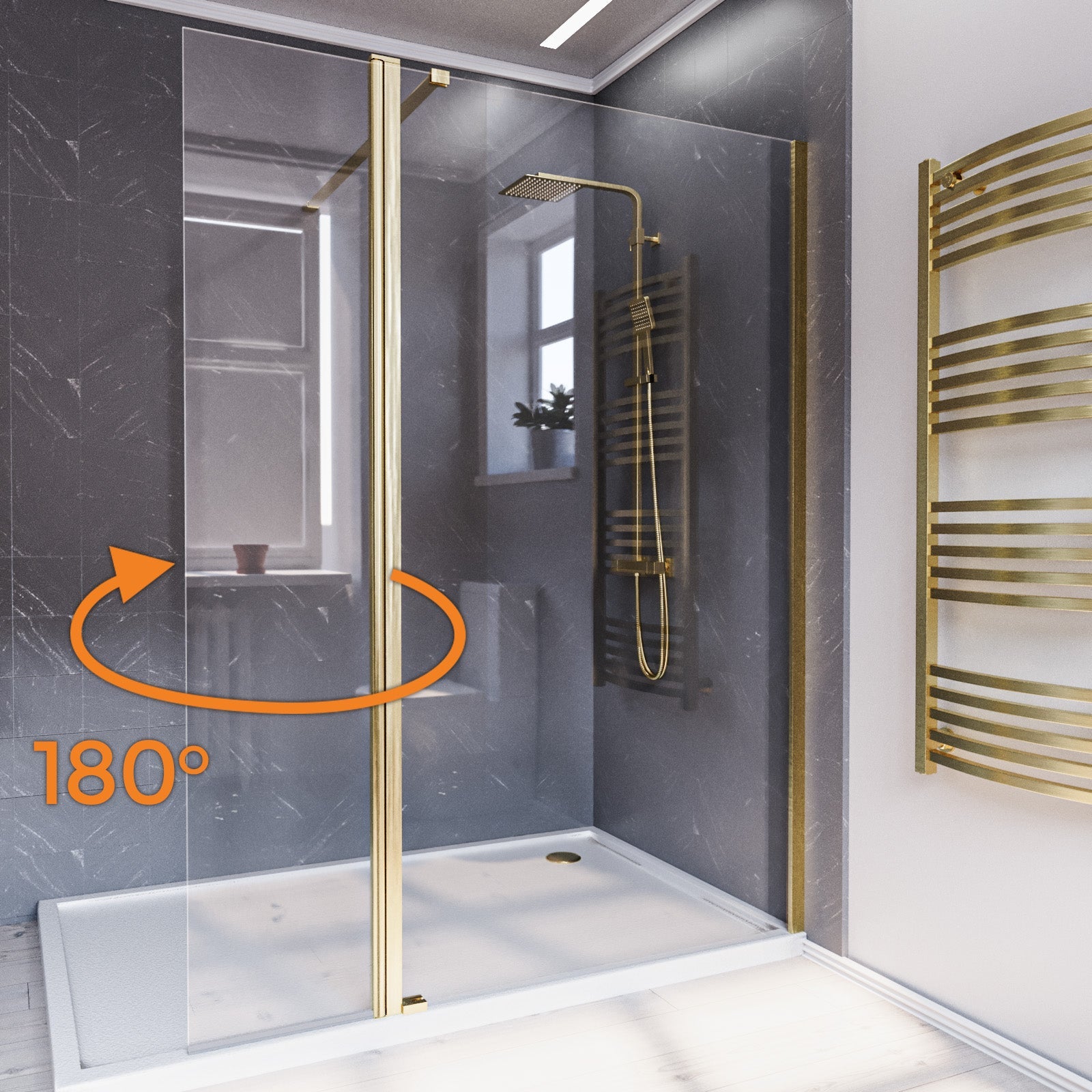 Brushed Brass 900mm Wet Room Shower Screen 8mm Tempered Glass With 300mm Flipper Panel