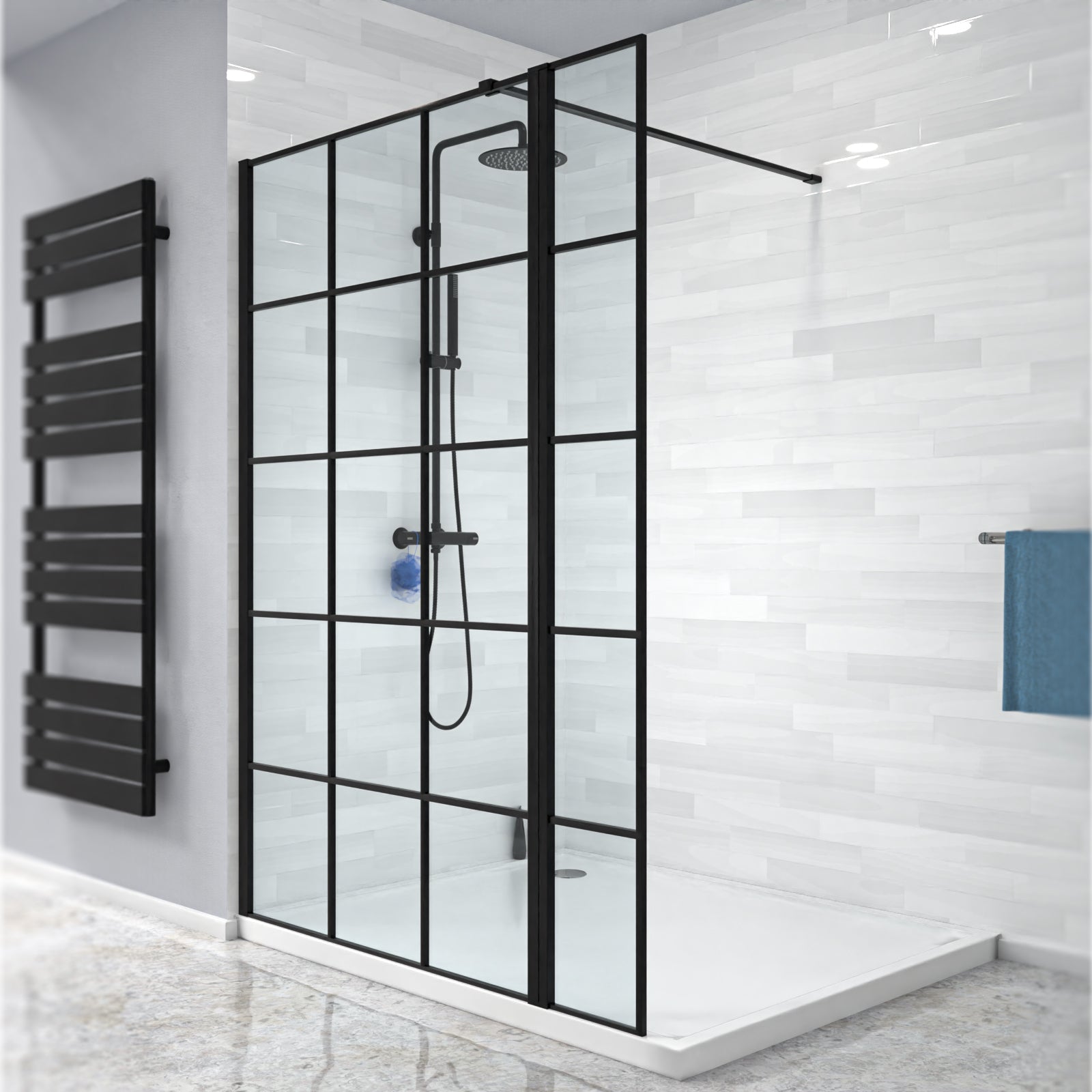Magna Black Grid 1000mm Wet Room Shower Screen 8mm Tempered Glass & 300mm Return Panel