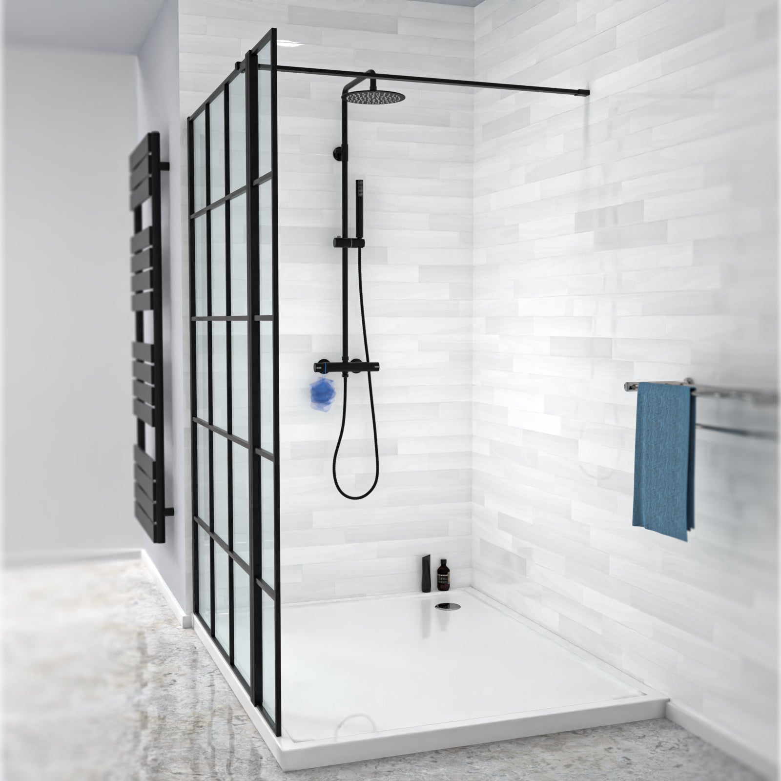Magna Black Grid 1000mm Wet Room Shower Screen 8mm Tempered Glass & 300mm Return Panel
