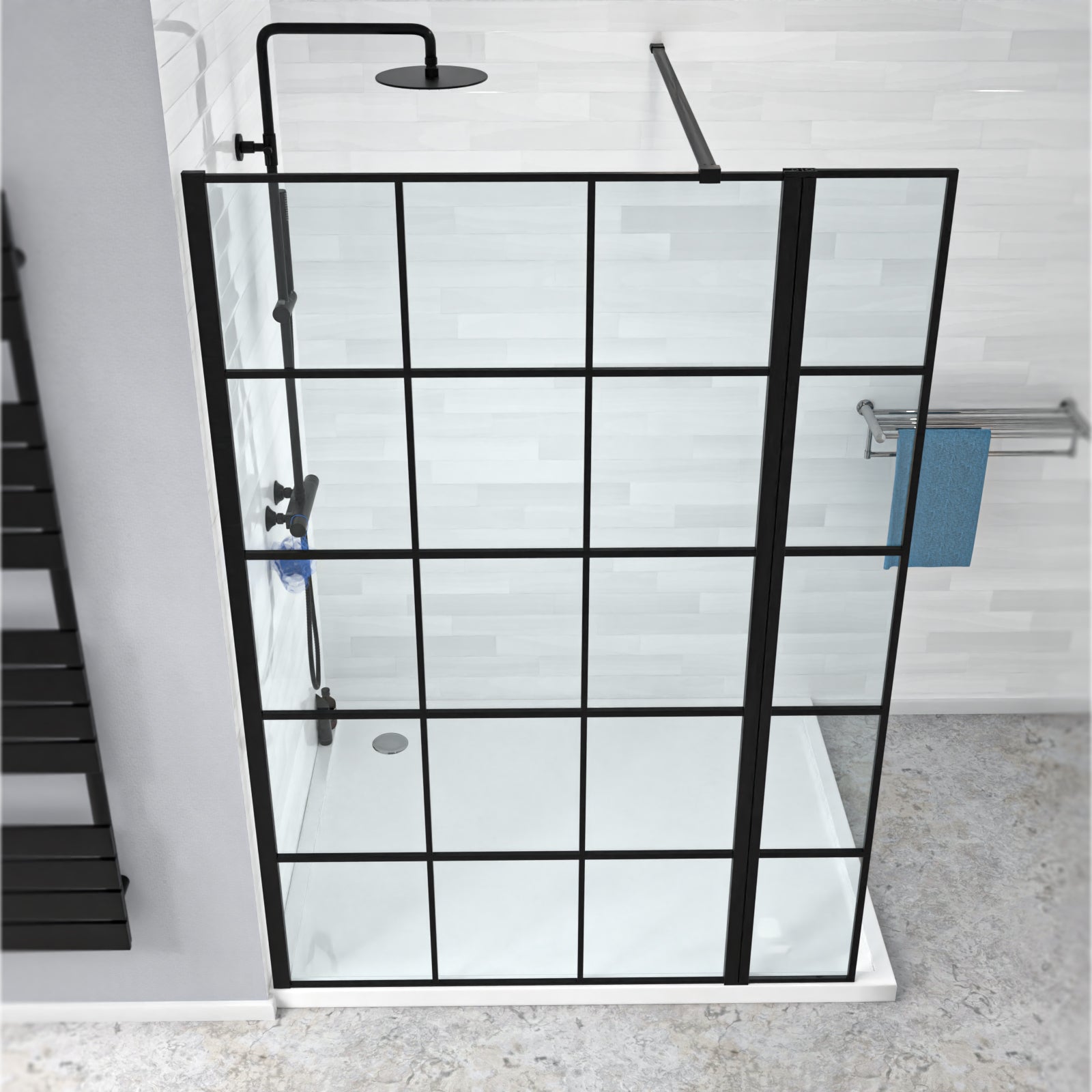 Magna Black Grid 1000mm Wet Room Shower Screen 8mm Tempered Glass & 300mm Return Panel