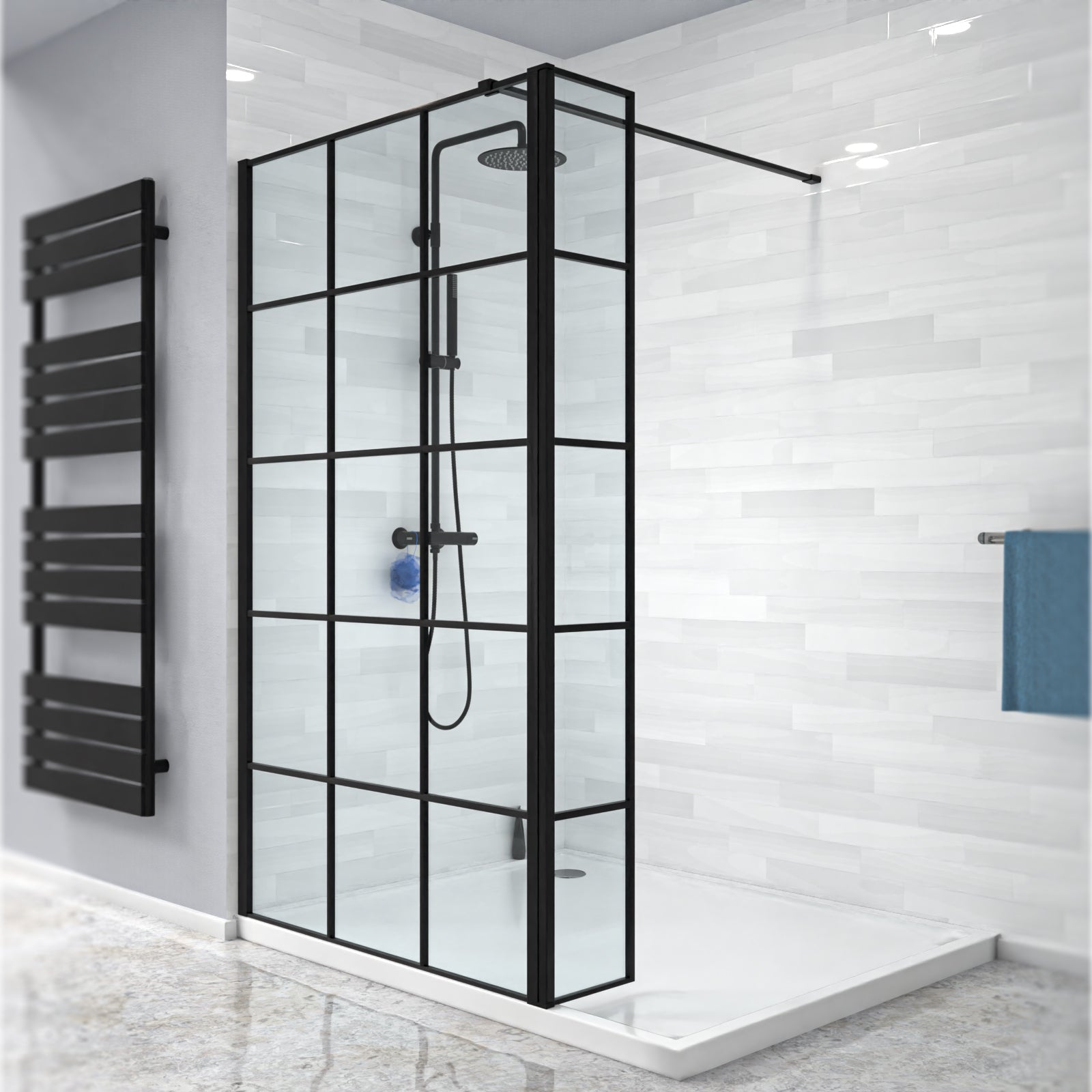 Magna Black Grid 1000mm Wet Room Shower Screen 8mm Tempered Glass & 300mm Return Panel