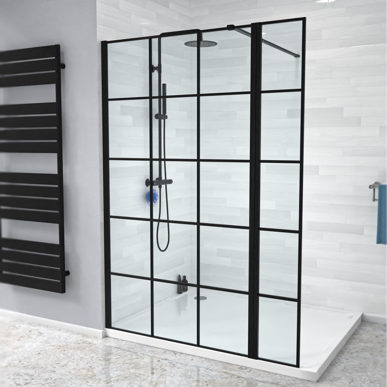 Magna Black Grid 1000mm Wet Room Shower Screen 8mm Tempered Glass & 300mm Return Panel