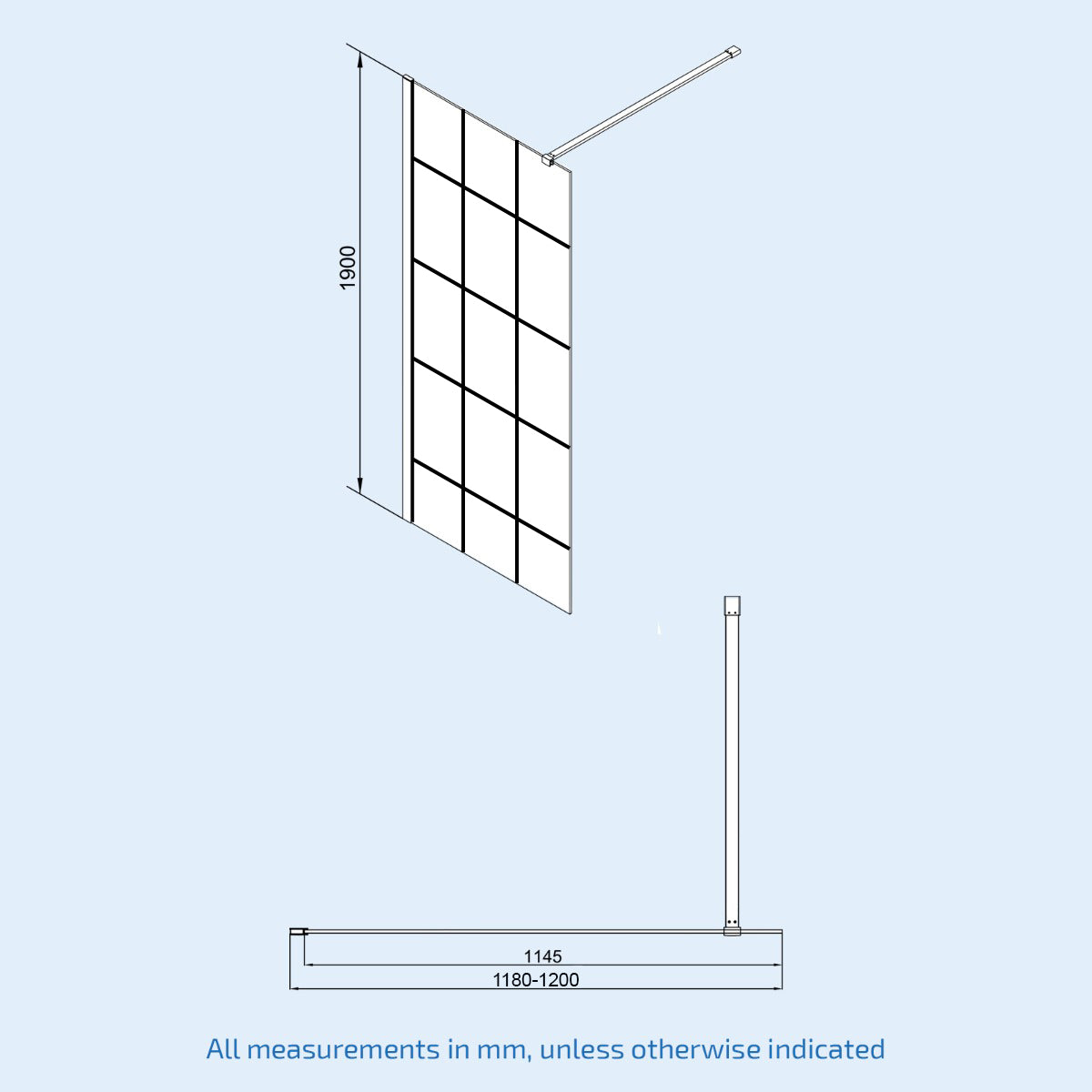 Magna Black Grid 1200mm Shower Screen 8mm Tempered Glass & 300mm Return Panel