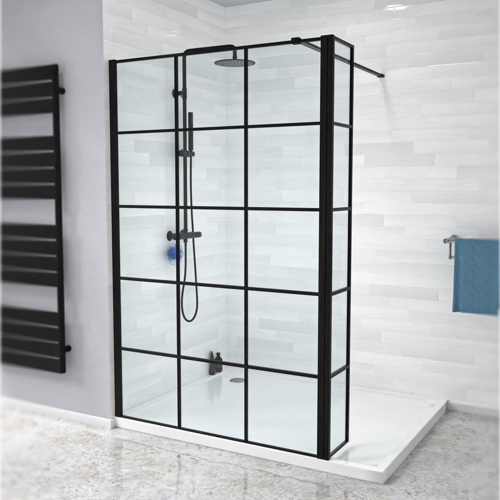 Magna Black Grid 1200mm Shower Screen 8mm Tempered Glass & 300mm Return Panel