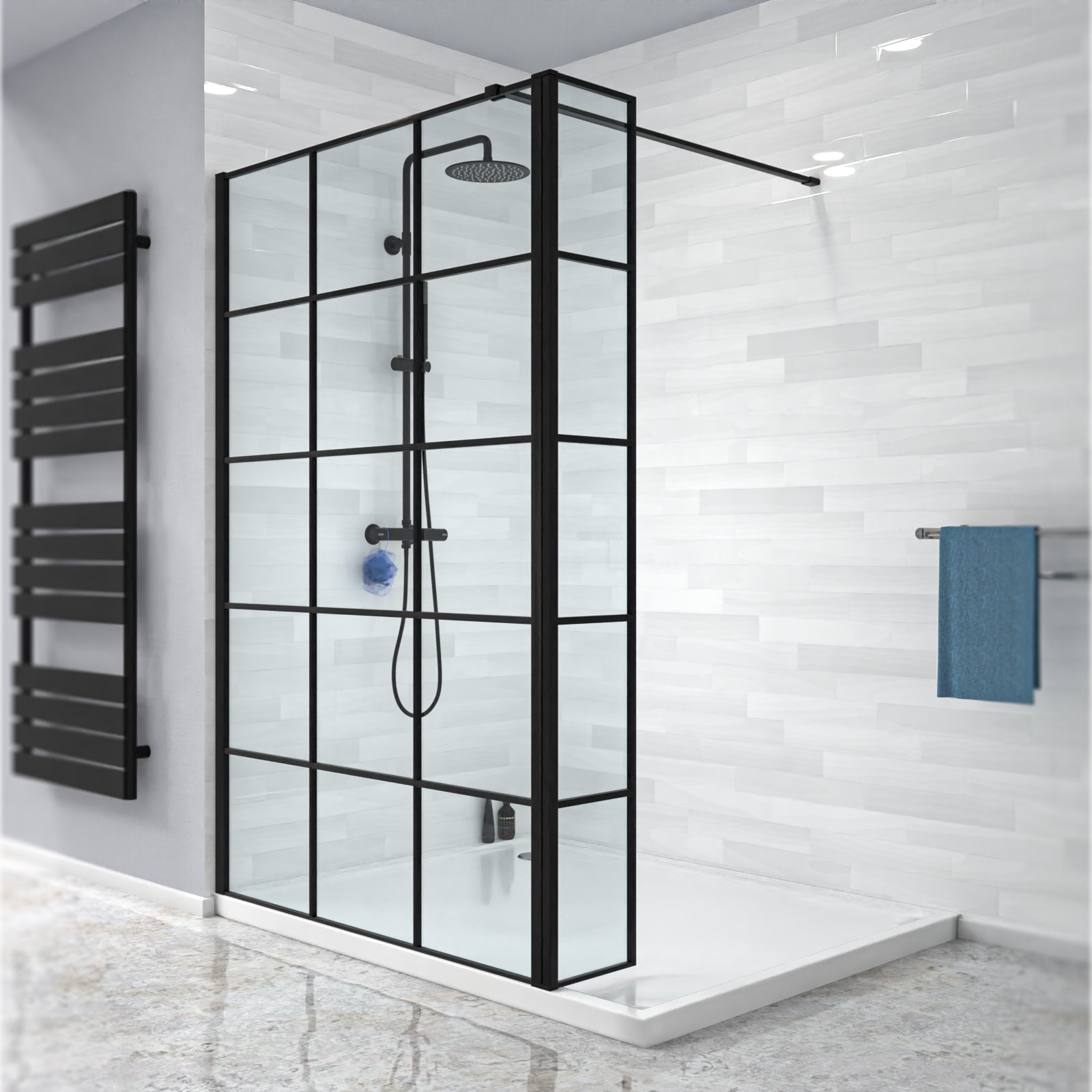 Magna Black Grid 1200mm Shower Screen 8mm Tempered Glass & 300mm Return Panel