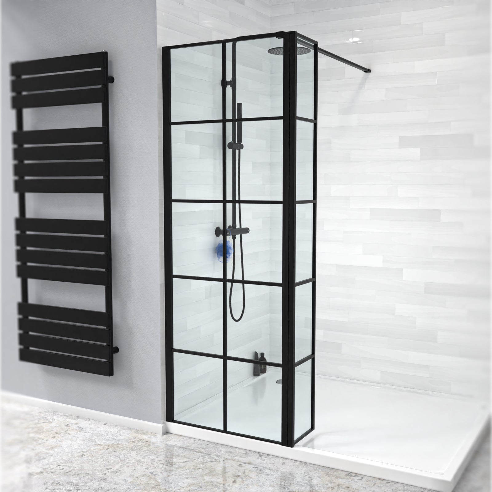 Magna Black Grid 700mm Wet Room Shower Screen 8mm Tempered Glass & 300mm Return Panel