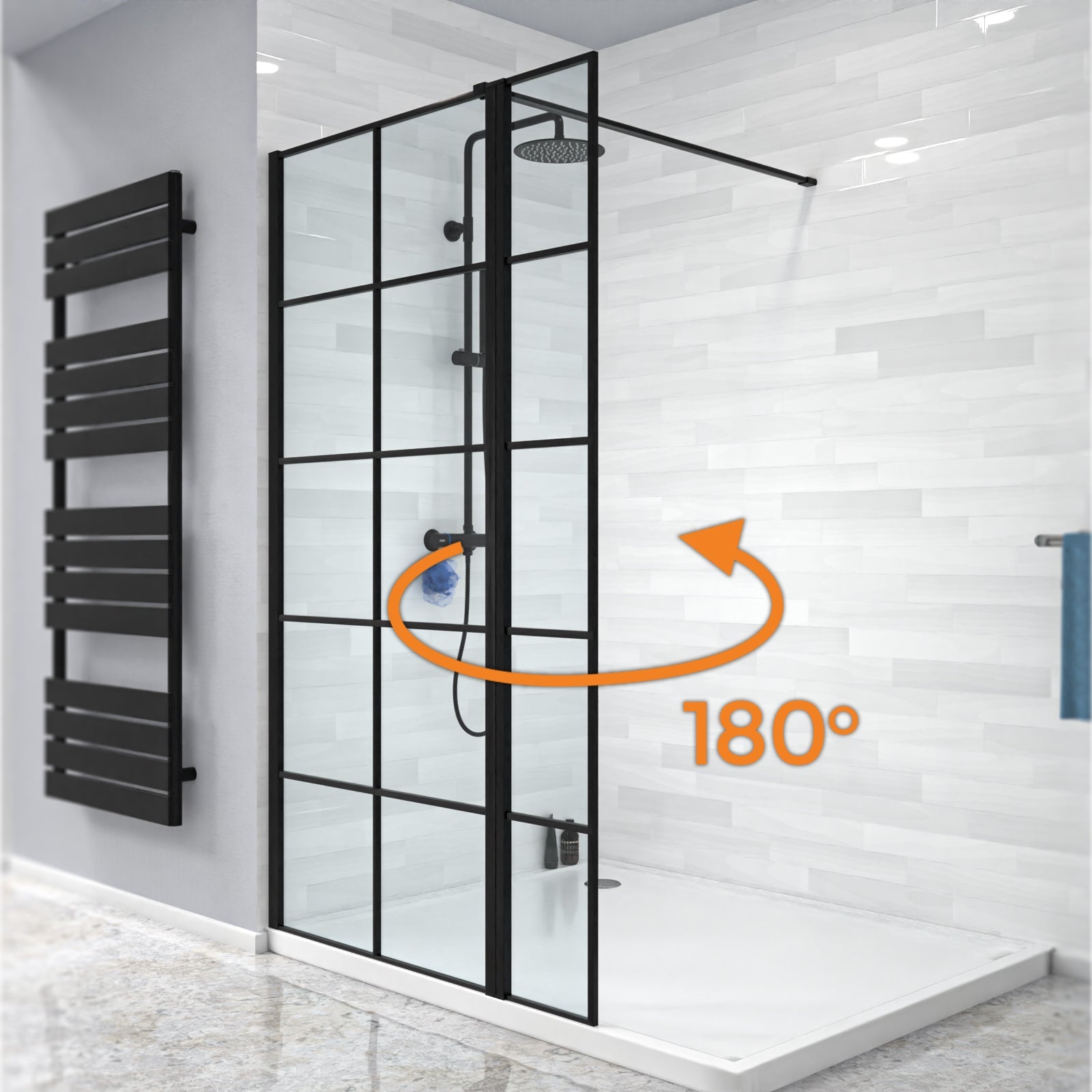Magna Black Grid 800mm Wet Room Shower Screen 8mm Tempered Glass & 300mm Return Panel