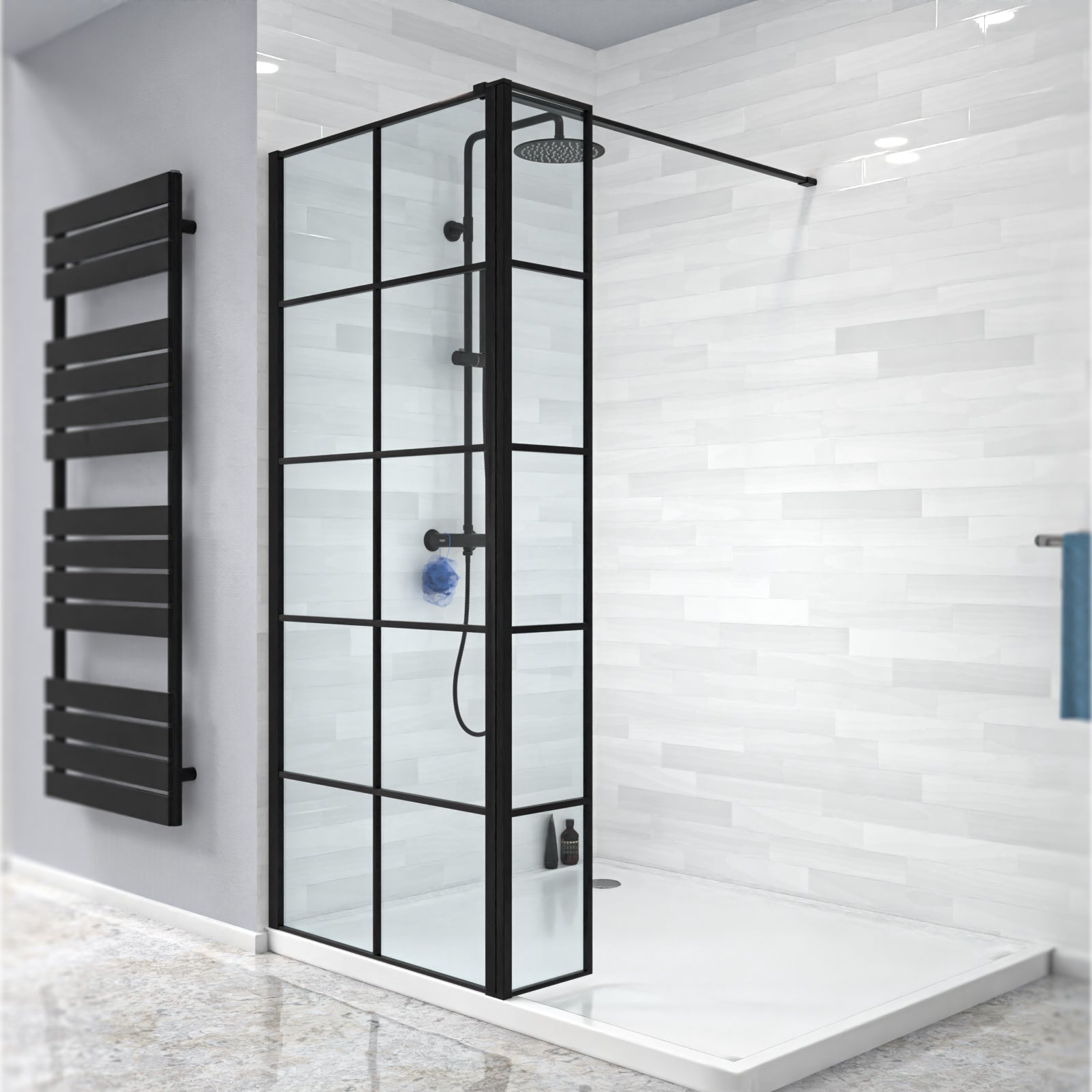 Magna Black Grid 800mm Wet Room Shower Screen 8mm Tempered Glass & 300mm Return Panel