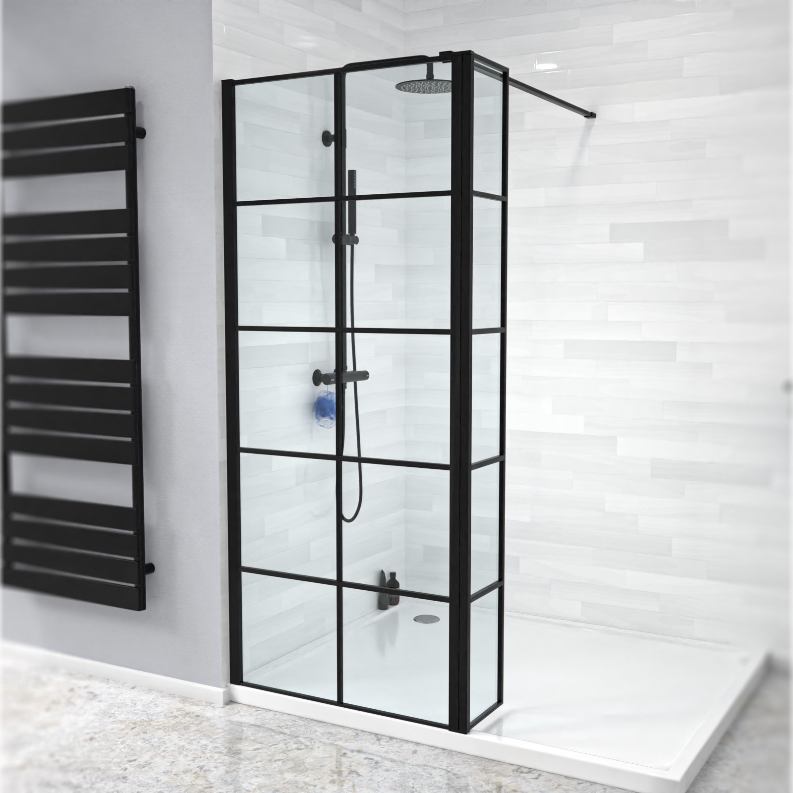 Magna Black Grid 800mm Wet Room Shower Screen 8mm Tempered Glass & 300mm Return Panel