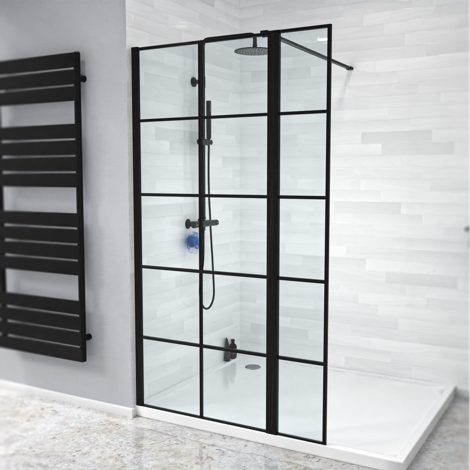 Magna Black Grid 800mm Wet Room Shower Screen 8mm Tempered Glass & 300mm Return Panel