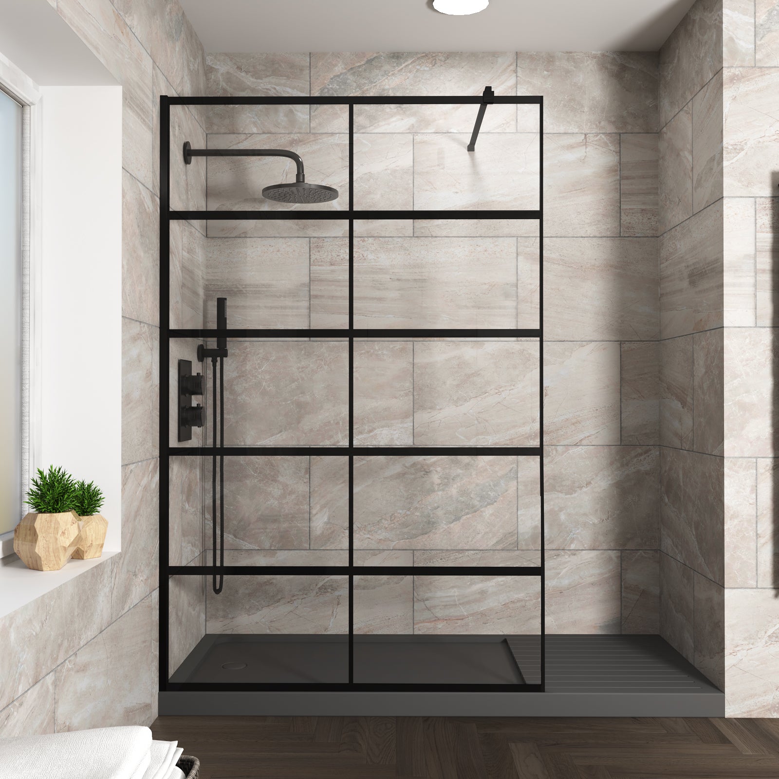 Stanley 800mm Black Grid Framed Walk-In Shower Enclosure with Support Bar