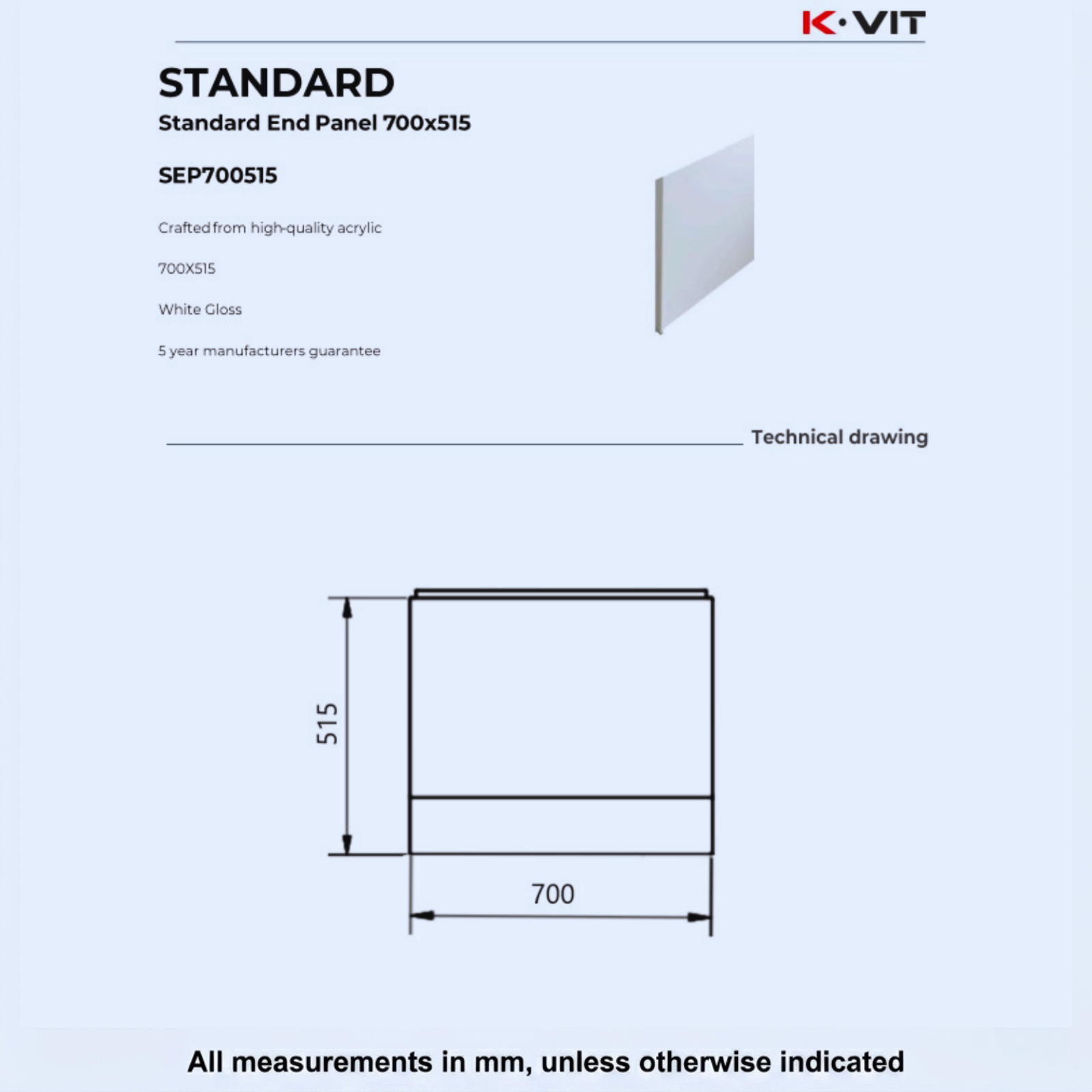 Kartell 515mm H x 700mm W White Standard Bath End Panel - SEP700515