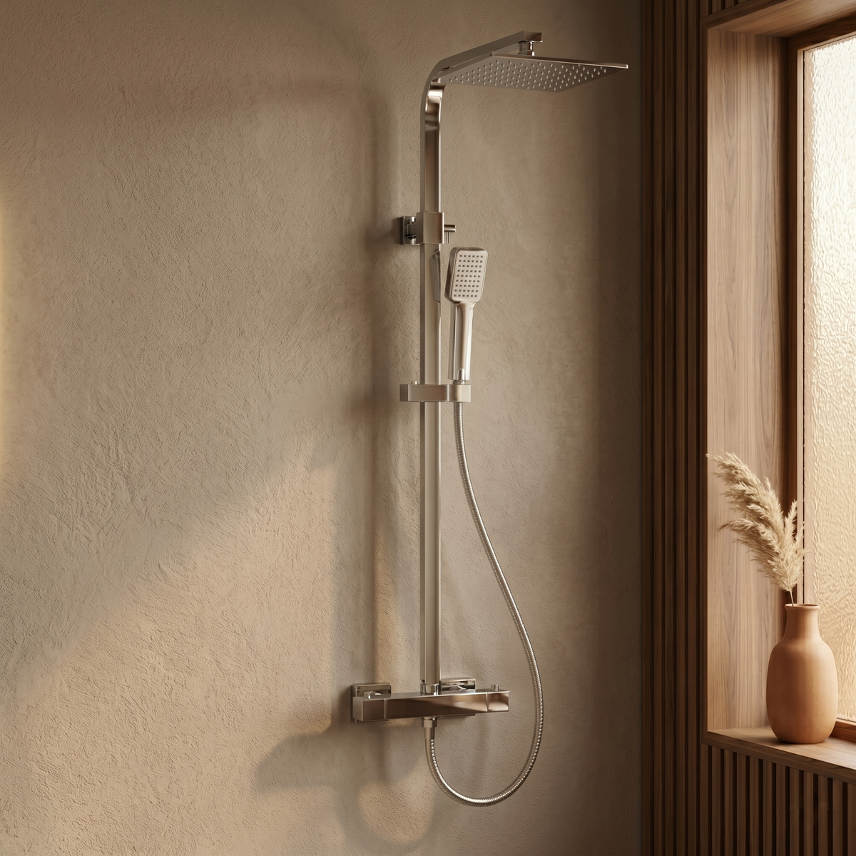 Kartell Pure Chrome Square 2 Way Thermostatic Bar Shower with Overhead Drencher and Sliding Handset - SHO030PR