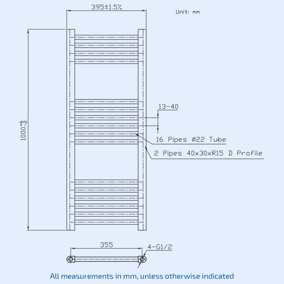 Kartell Straight Towel Rail 1000mm x 400mm Chrome Wall Mounted Towel Rail - STR410C