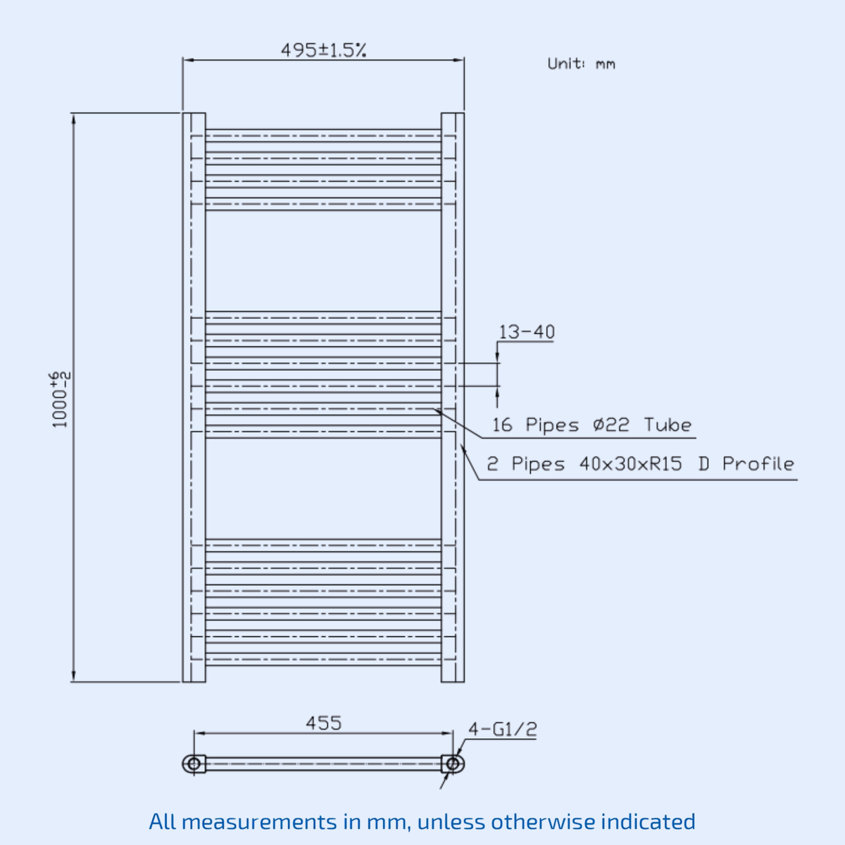 Kartell 1000mm H x 500mm W Chrome Vertical Straight Towel Rail - STR510C