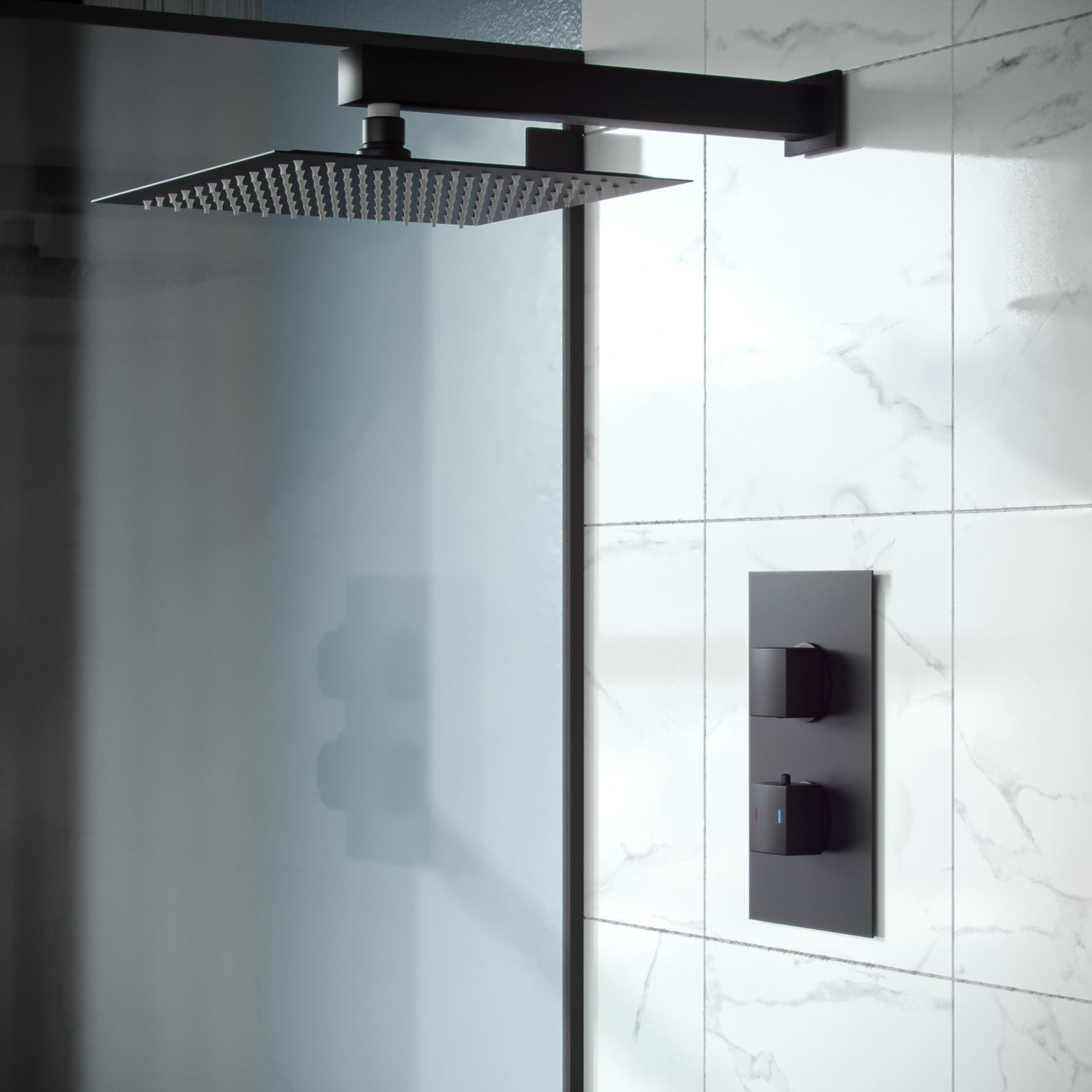 Rennes Concealed Thermostatic Overhead 250mm Square Rainfall Shower Mixer Set Matte Black