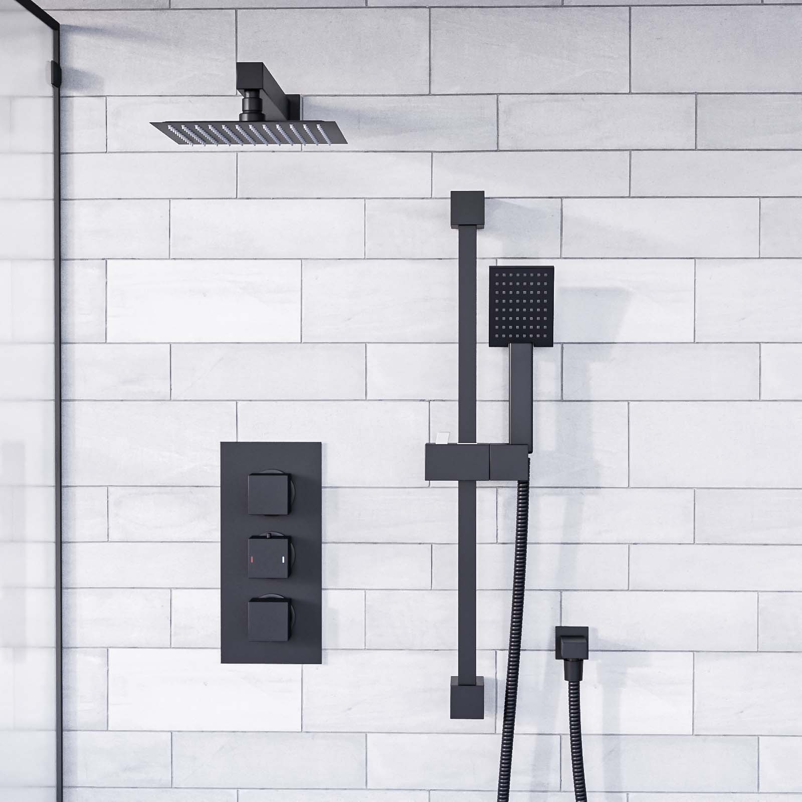 Temel Concealed Thermostatic Mixer Valve, Handset, Shower Head Set Black Matte