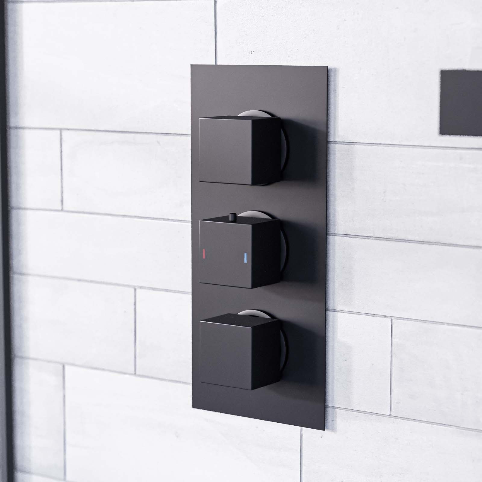 Temel Concealed Thermostatic Mixer Valve, Handset, Shower Head Set Black Matte