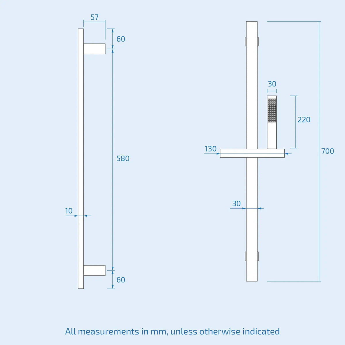 Olive 3 Dial 3 Way Square Set Shower Head Rail Handset & Bath Filler