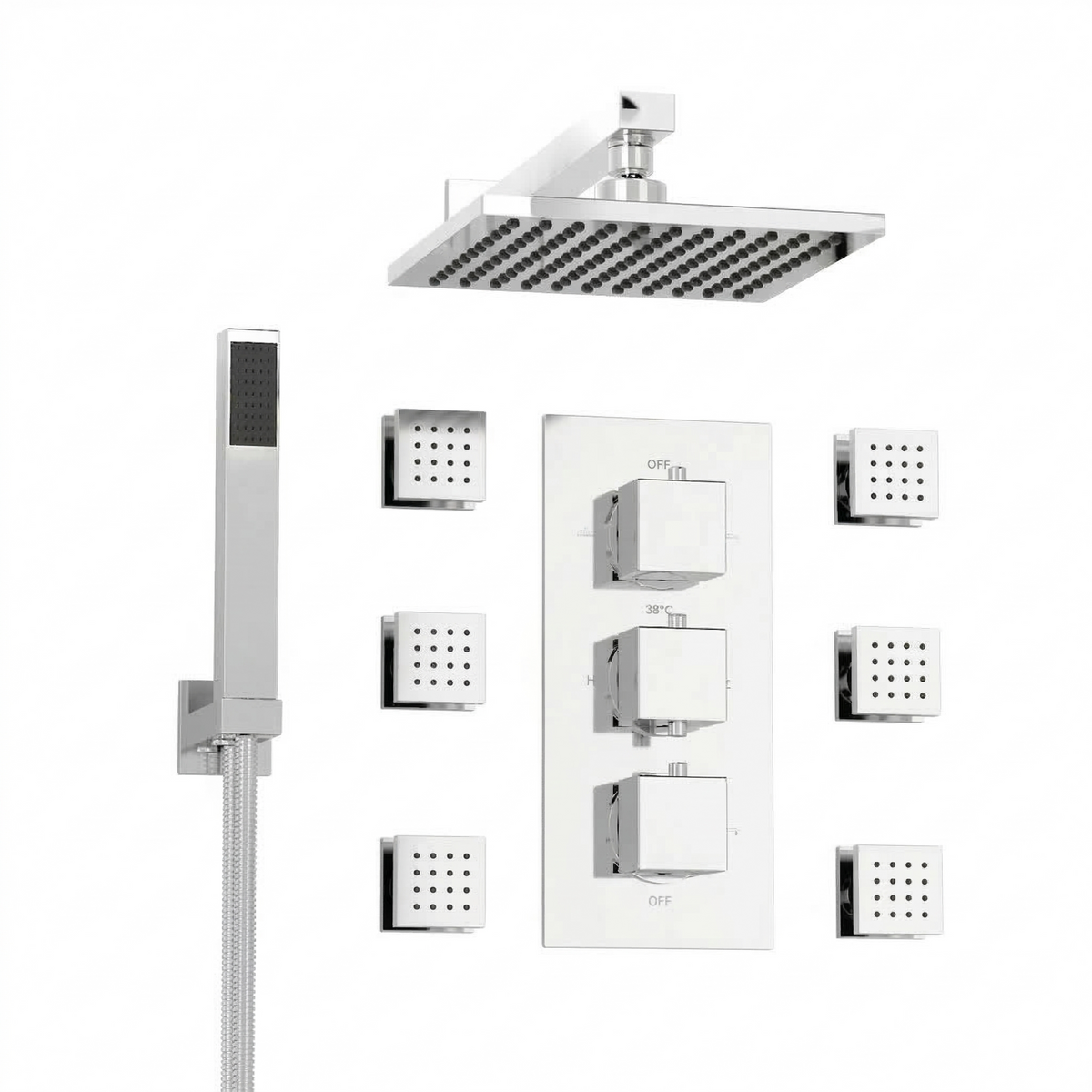 Olive 3 Dial 3 Way Square Set Shower Head Handset & Body Jets