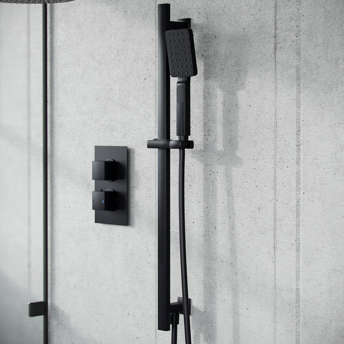 Temel 2 Dial 2 Way Thermostatic Mixer Valve, 300mm Shower Head, Handset Slider Rail Set Matte Black