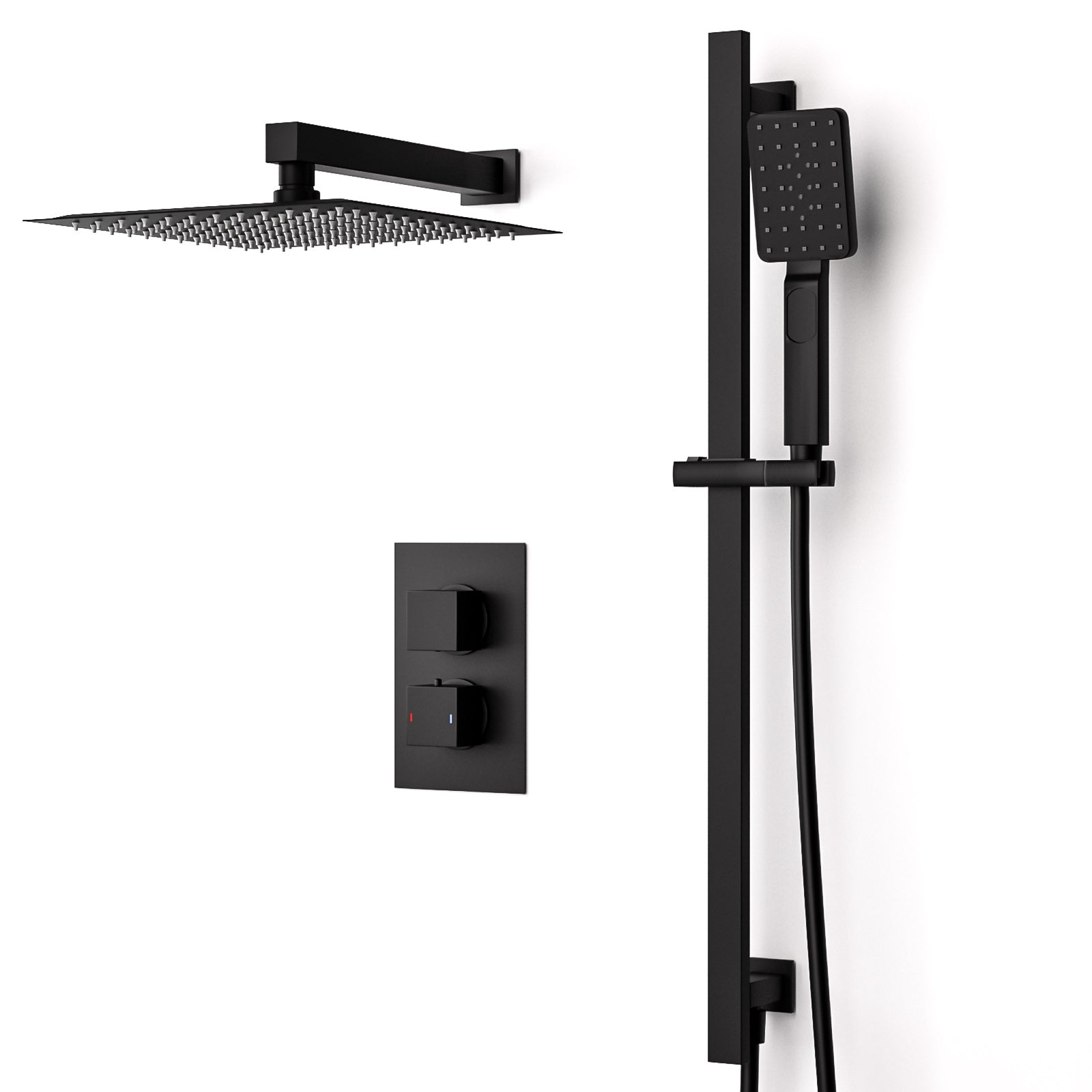 Temel 2 Dial 2 Way Thermostatic Mixer Valve, 300mm Shower Head, Handset Slider Rail Set Matte Black