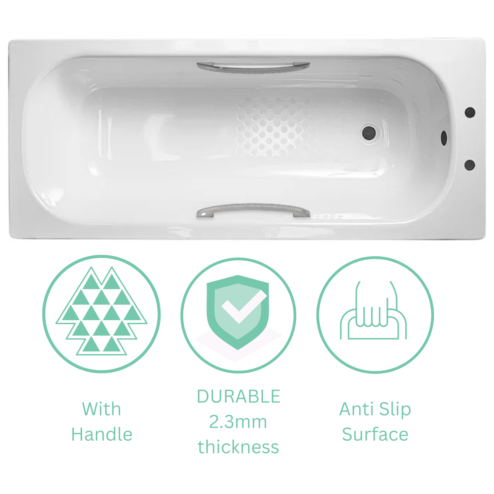 Dylan Premium 1700 x 700mm Extra Thick Heavy Duty Steel Enamel Bath, Handles, Anti Slip Base & 2 Tap Holes