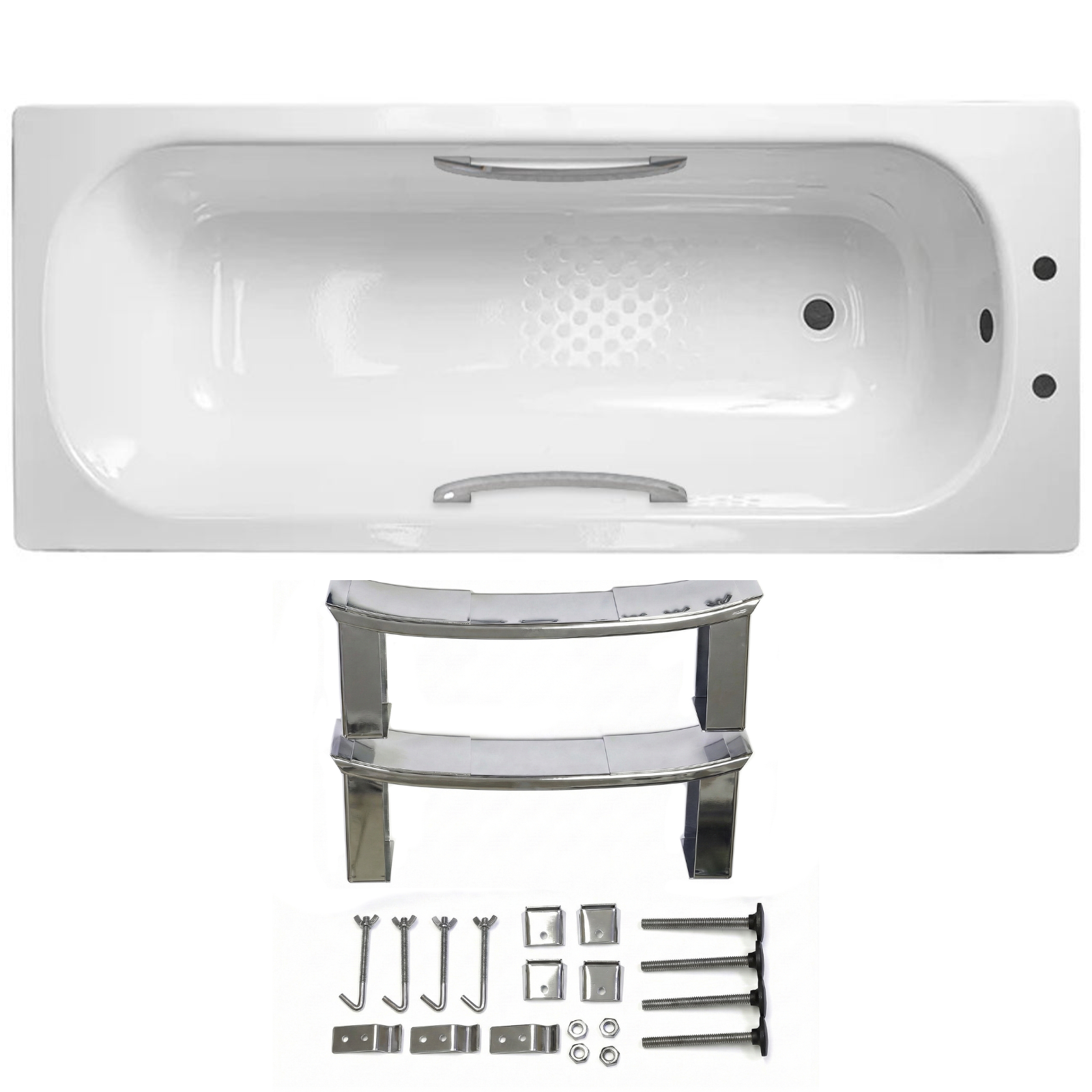 Dylan 1500 x 700mm Steel Enamel Bath with Chrome Handles, Anti Slip Base & 2 Tap Holes