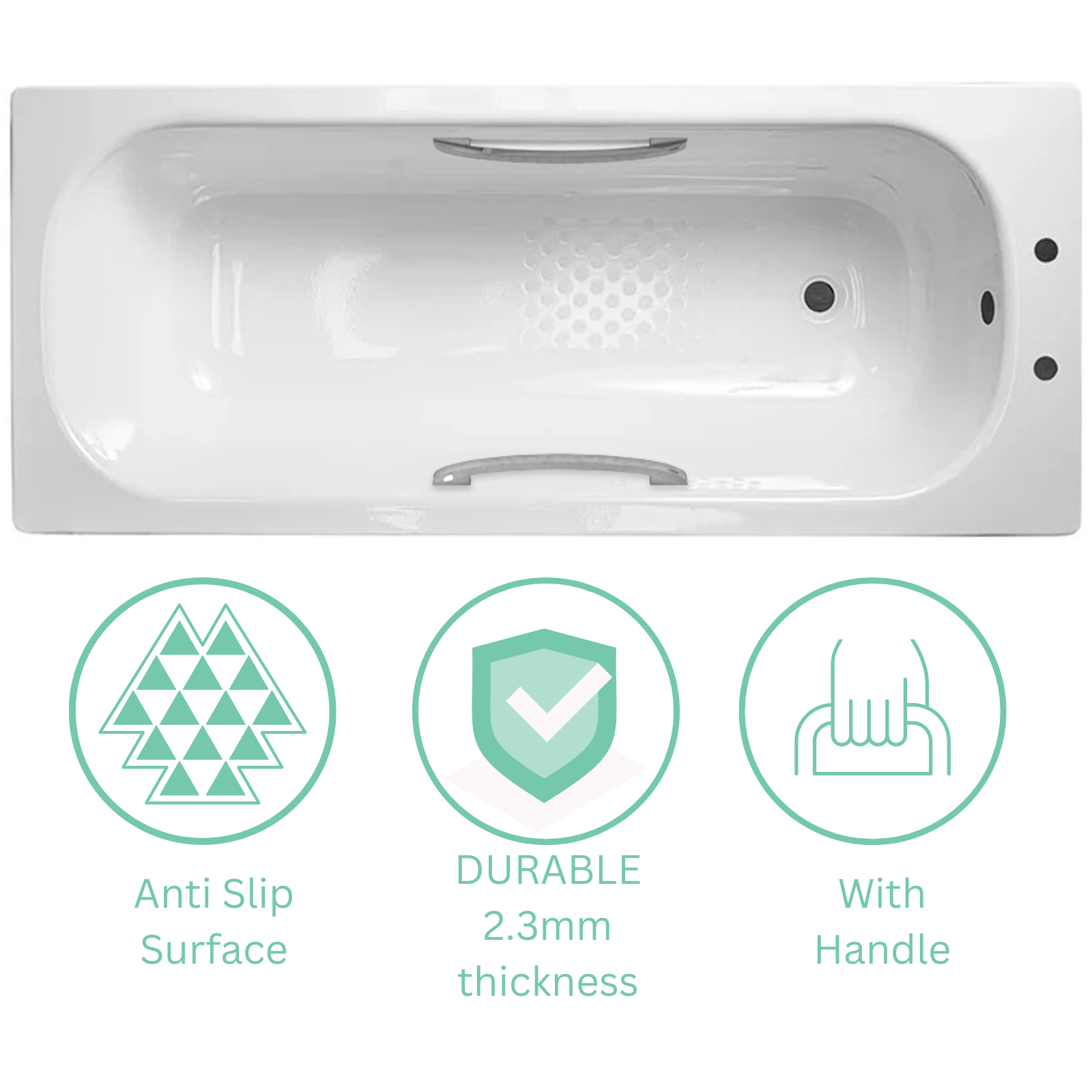 Dylan 1600 x 700mm Gloss White Steel Enamel Bath with Chrome Handles, Anti Slip Base & 2 Tap Holes