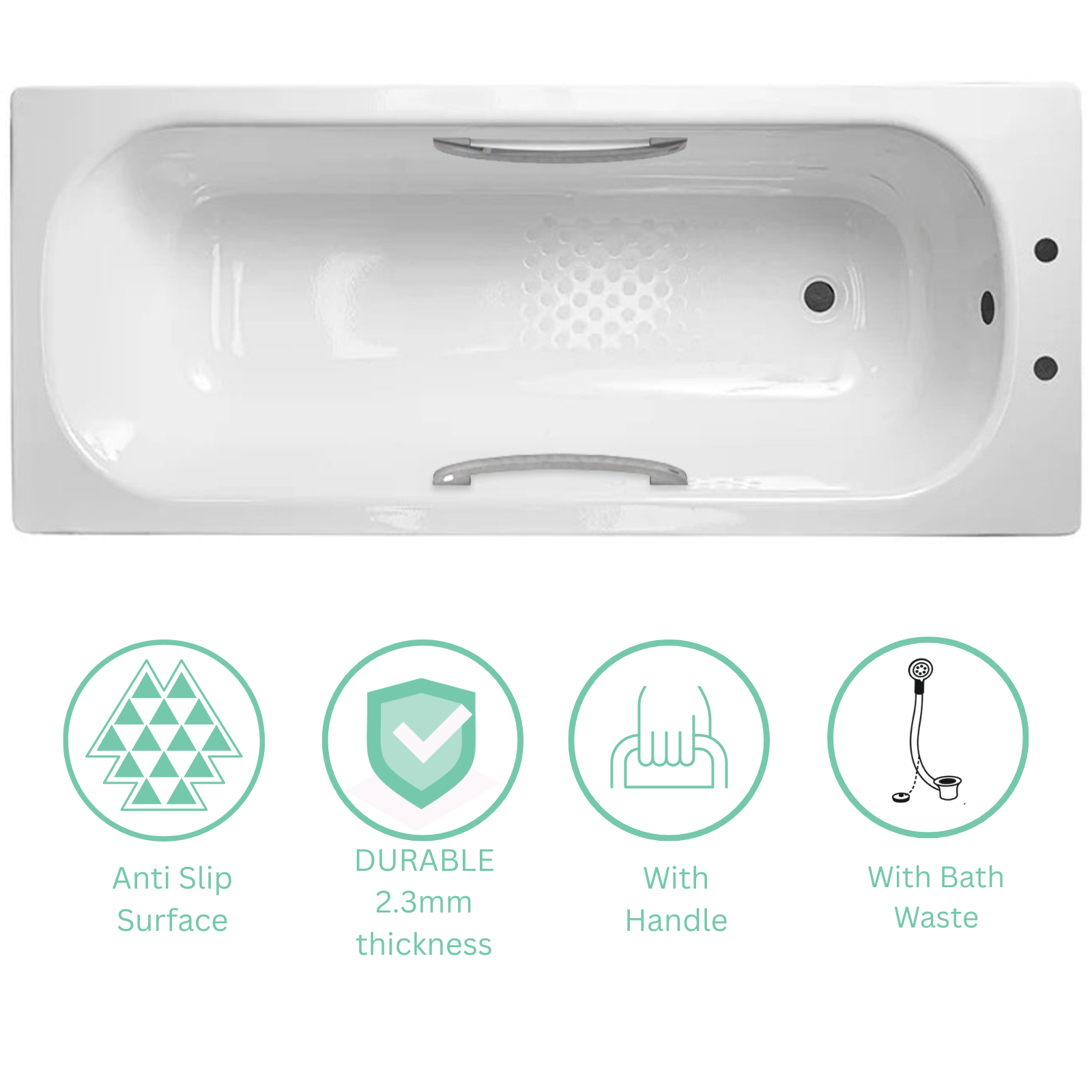 Dylan 1700 x 700mm Steel Enamel Bath with Handles, Anti Slip Base, Bath Waste and Overflow & 2 Tap Holes