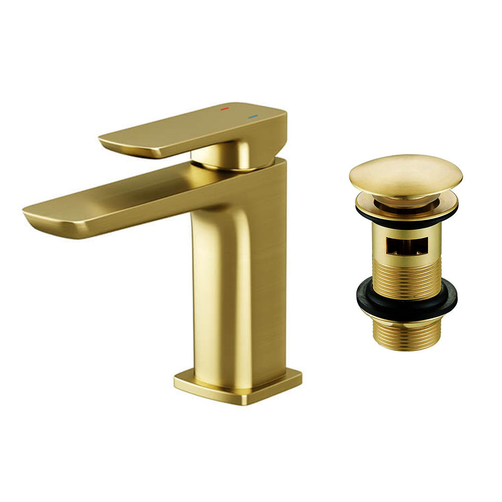 Bathroom Suite - Alaska 600mm Vanity, Toilet & 1700mm Standard Straight Square Bath - Complete Set with Brushed Brass Fittings